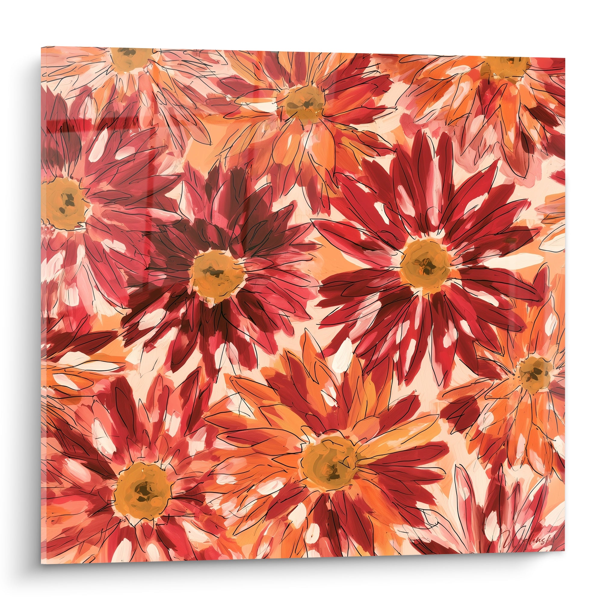 Dahlias rouge bordeaux et orange à cœurs dorés, style graphique et aquarelle, plein cadre