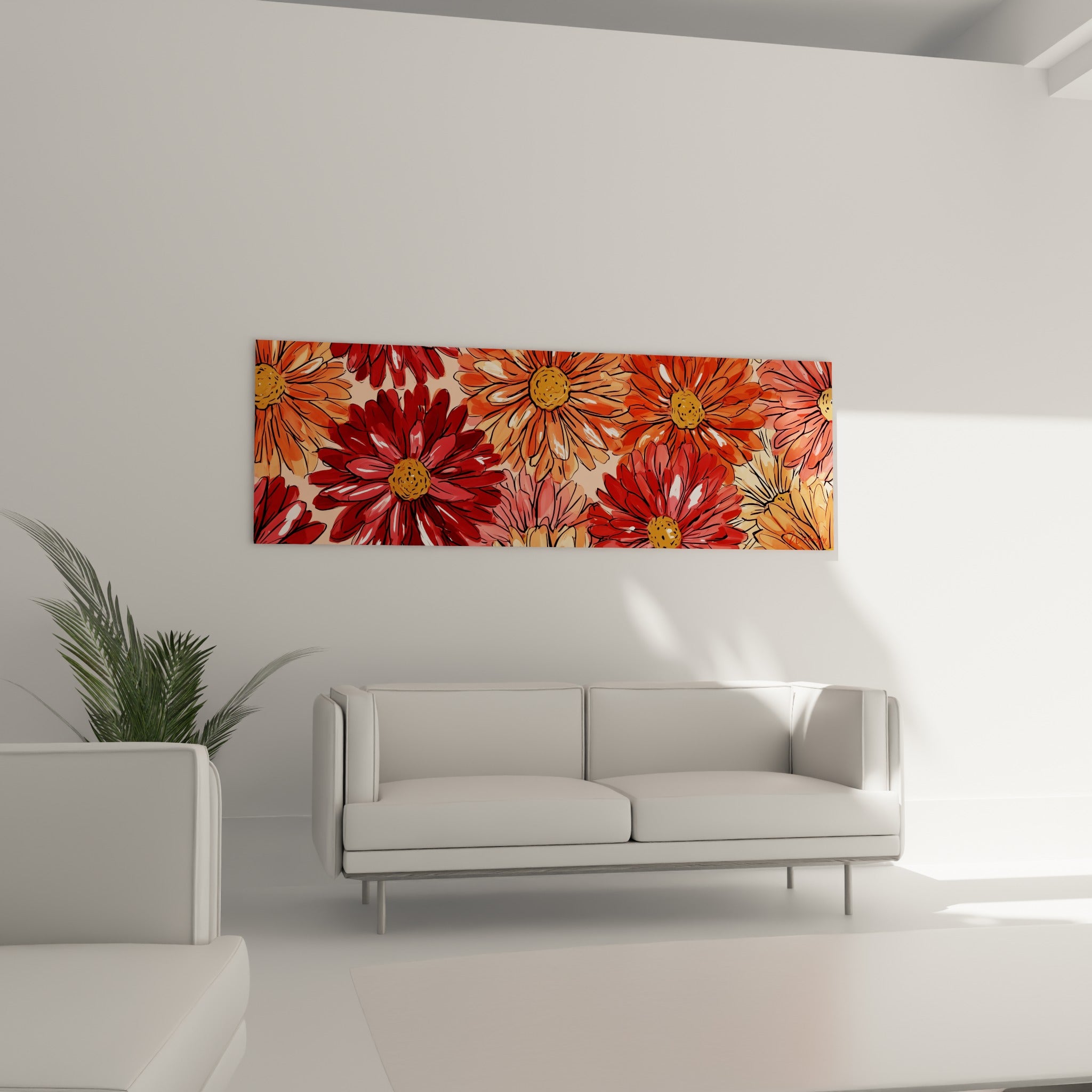 Bouquet de dahlias orangé et bordeaux au-dessus d'un canapé dans un salon lumineux