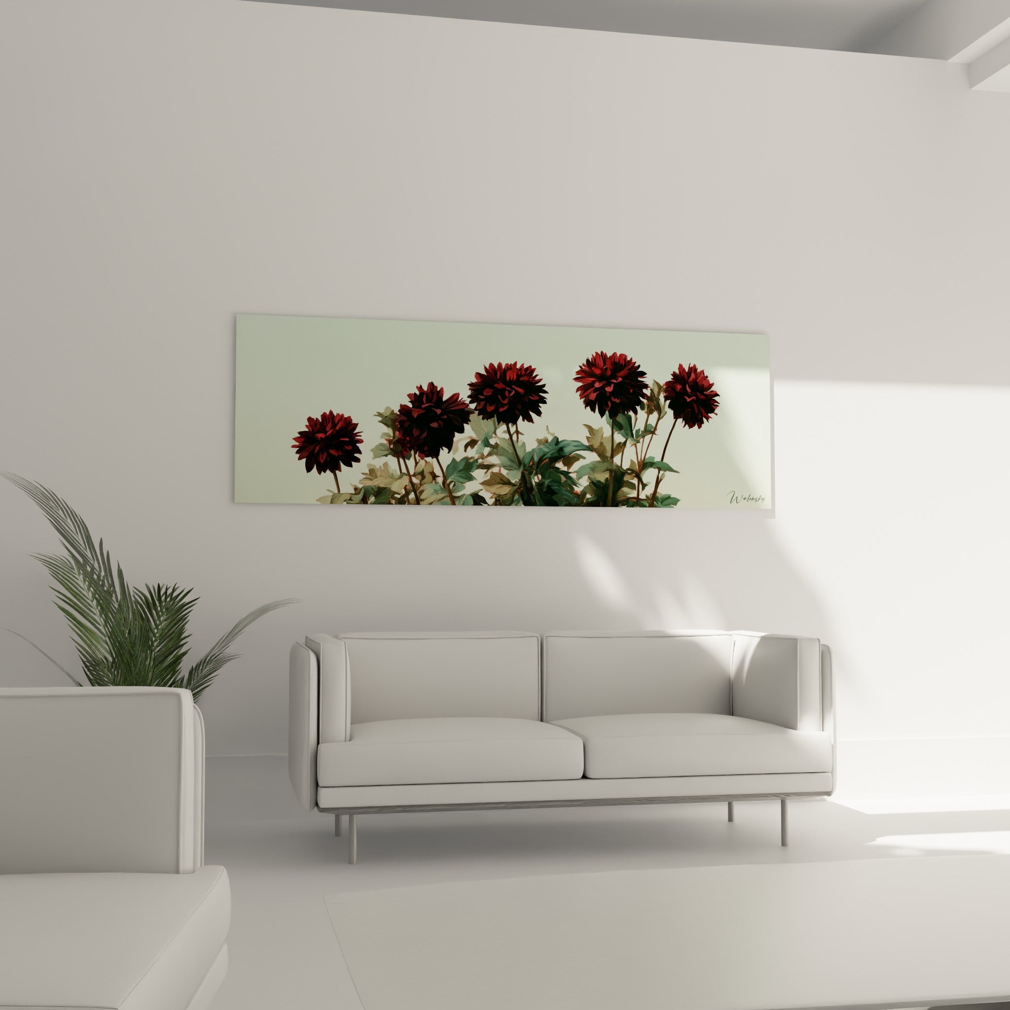 Bouquet de dahlias bordeaux aux pétales denses sur fond vert pâle, au-dessus d'un canapé dans un salon lumineux