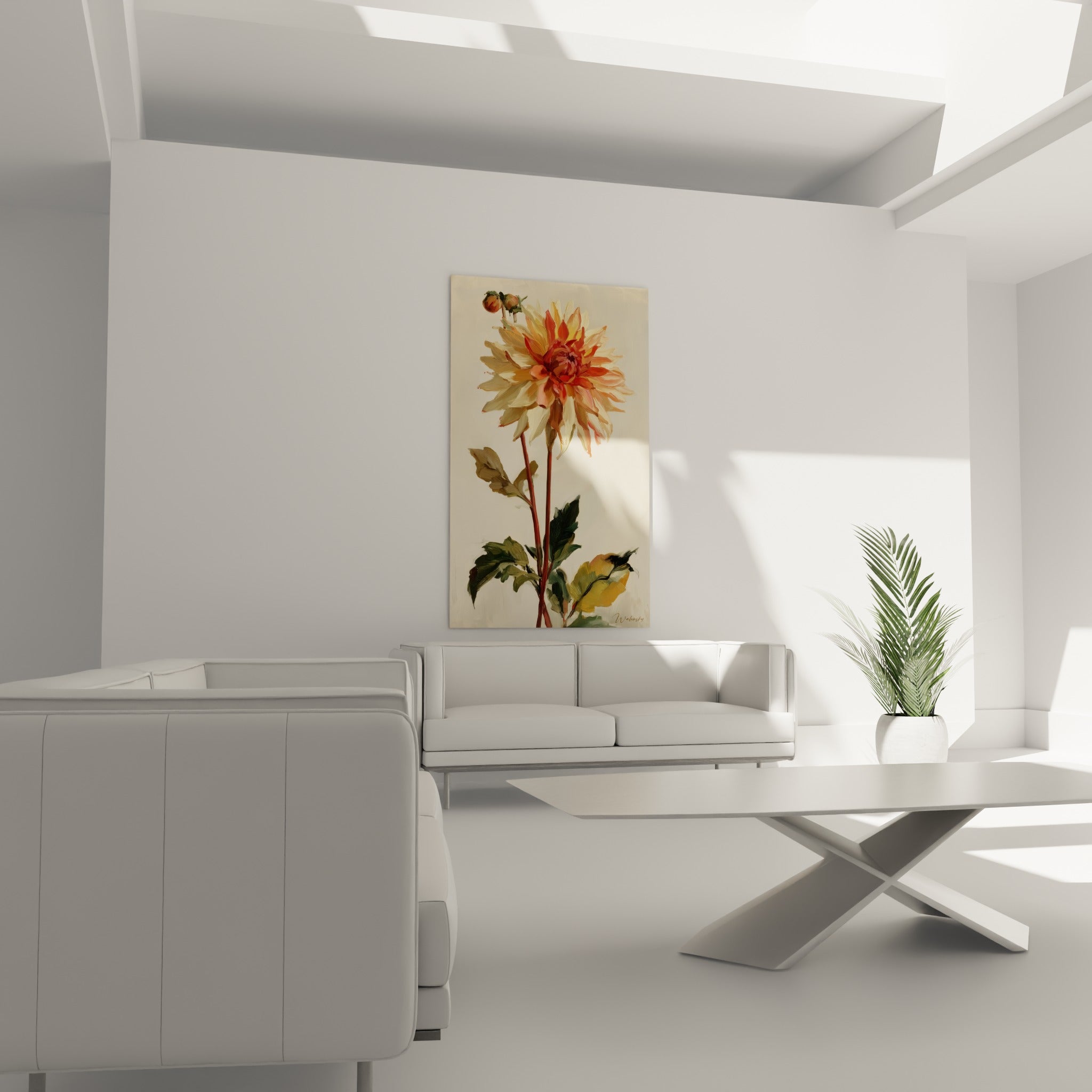 Corolle de dahlia rose et ivoire aux feuilles vert olive, au-dessus d'un canapé dans un salon lumineux