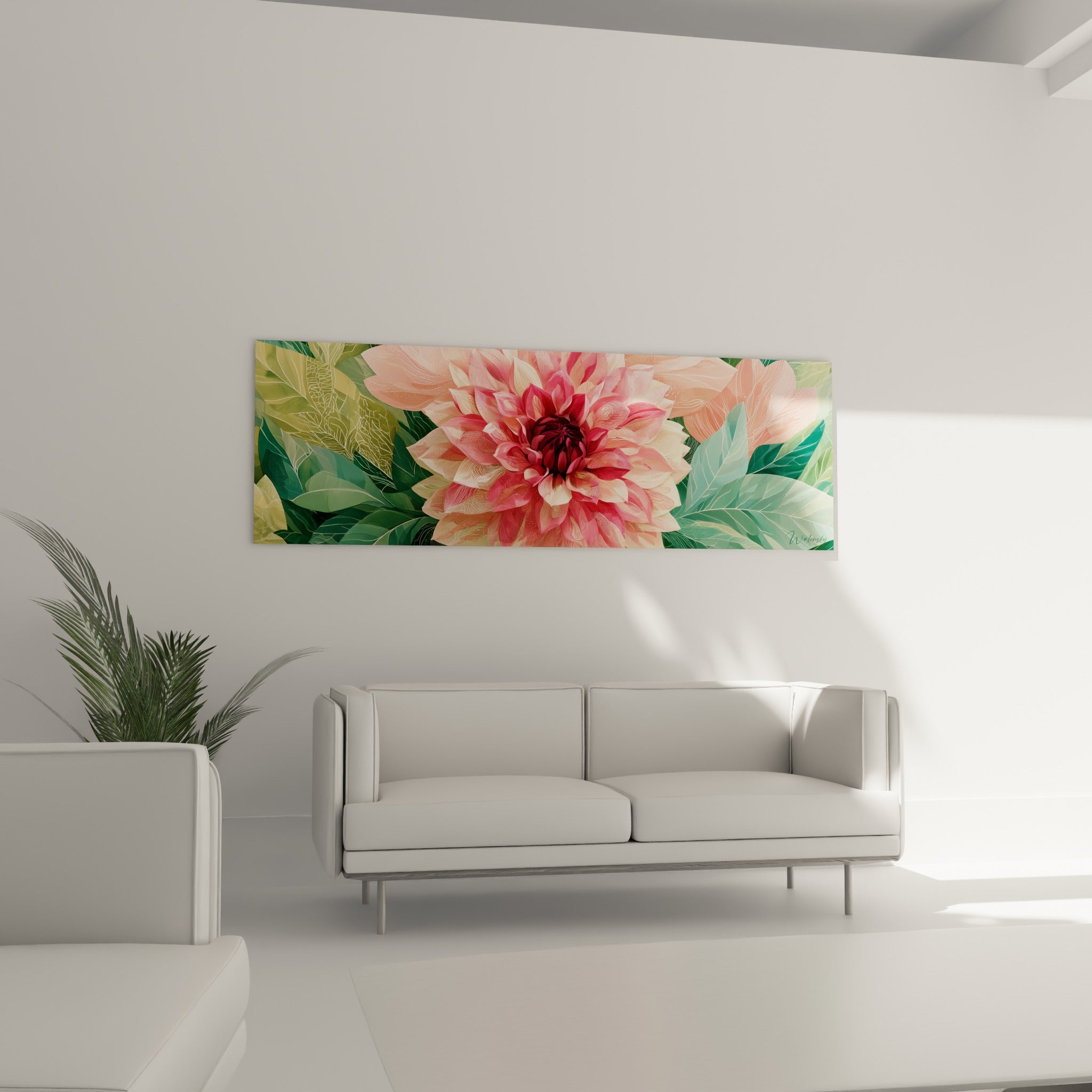Pétales roses et feuillage vert émeraude du dahlia illustré, au-dessus d'un canapé dans un salon lumineux