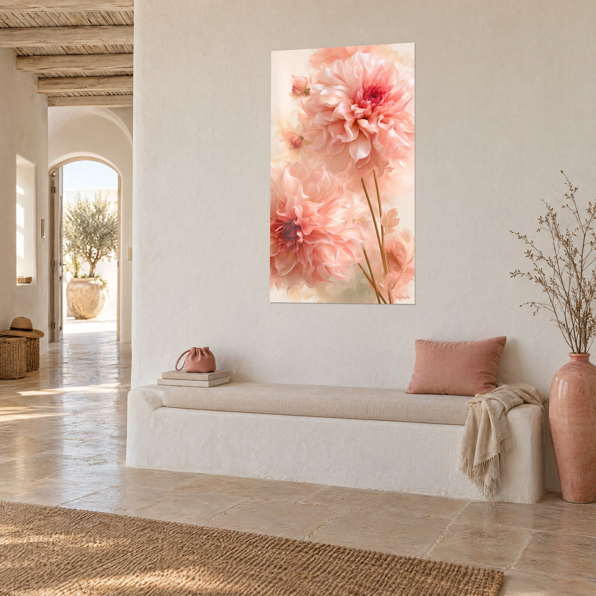 Wall art of large coral and cream flowers on a misty ivory background, whitewashed wall, white bench and pink vase in three-quarter view