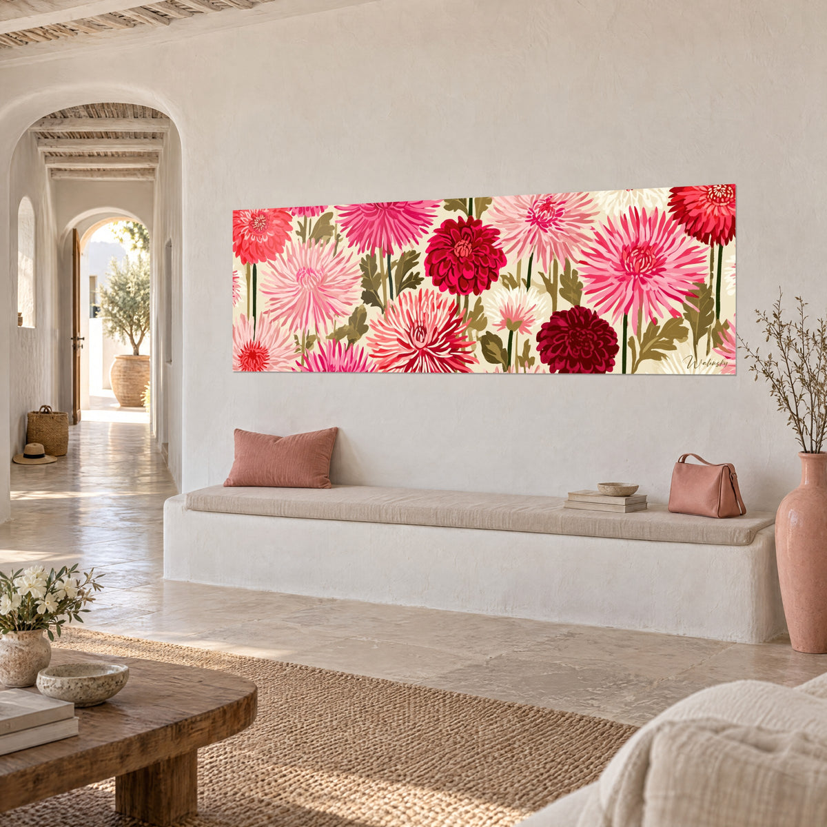 Wall art panoramic bouquet of raspberry and blush-white flowers, olive green leaves, whitewashed wall of a Mediterranean house