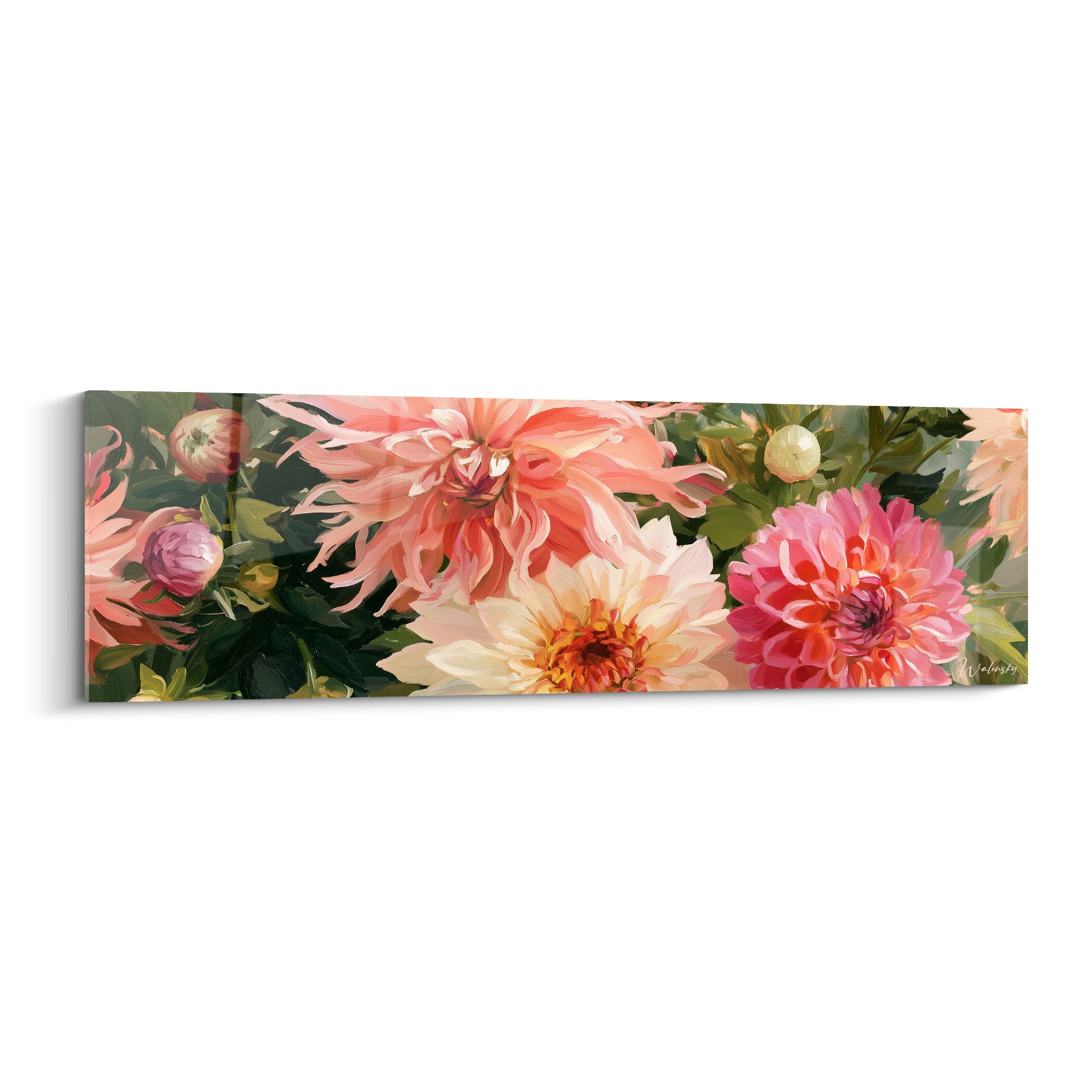 Dahlias saumon et roses aux pétales effilés sur fond vert profond, composition florale peinte