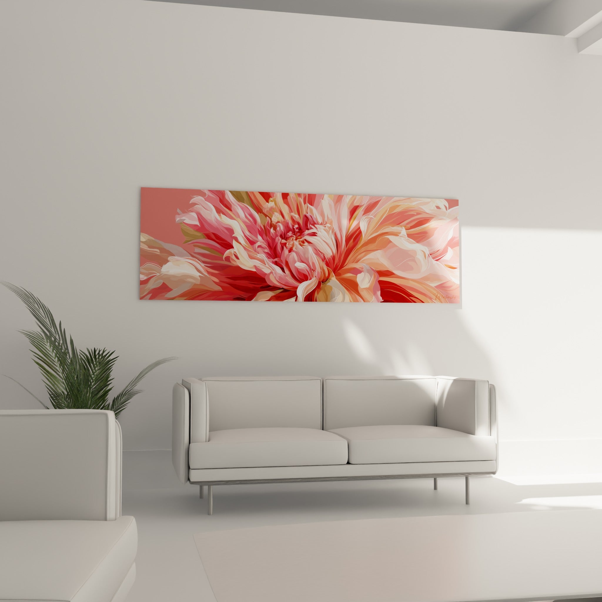 Fleur de dahlia aux tons rose poudré et terracotta, au-dessus d'un canapé dans un salon lumineux