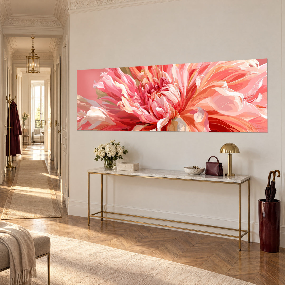 Wall art panoramic flower with wavy bright pink and peach petals, carmine red heart, seen three-quarter view above a gilded console, Haussmann-style hallway