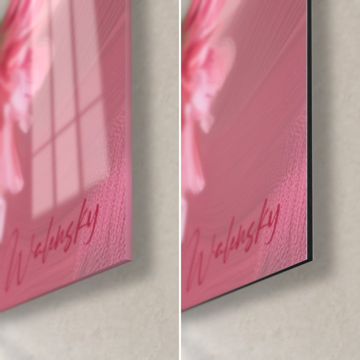 Cuadro dalia rosa y magenta, esquina inferior derecha: cristal acrílico brillante a la izquierda, Dibond de aluminio negro mate a la derecha, canto de 3 mm