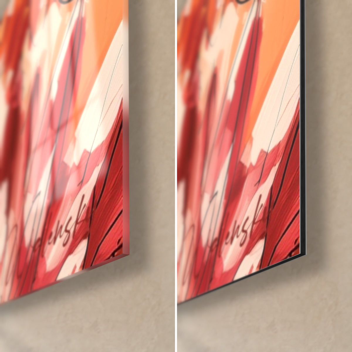 Schilderij margrieten in rood en oranje, rechtsonder: glanzend acrylglas links, mat zwart Dibond rechts