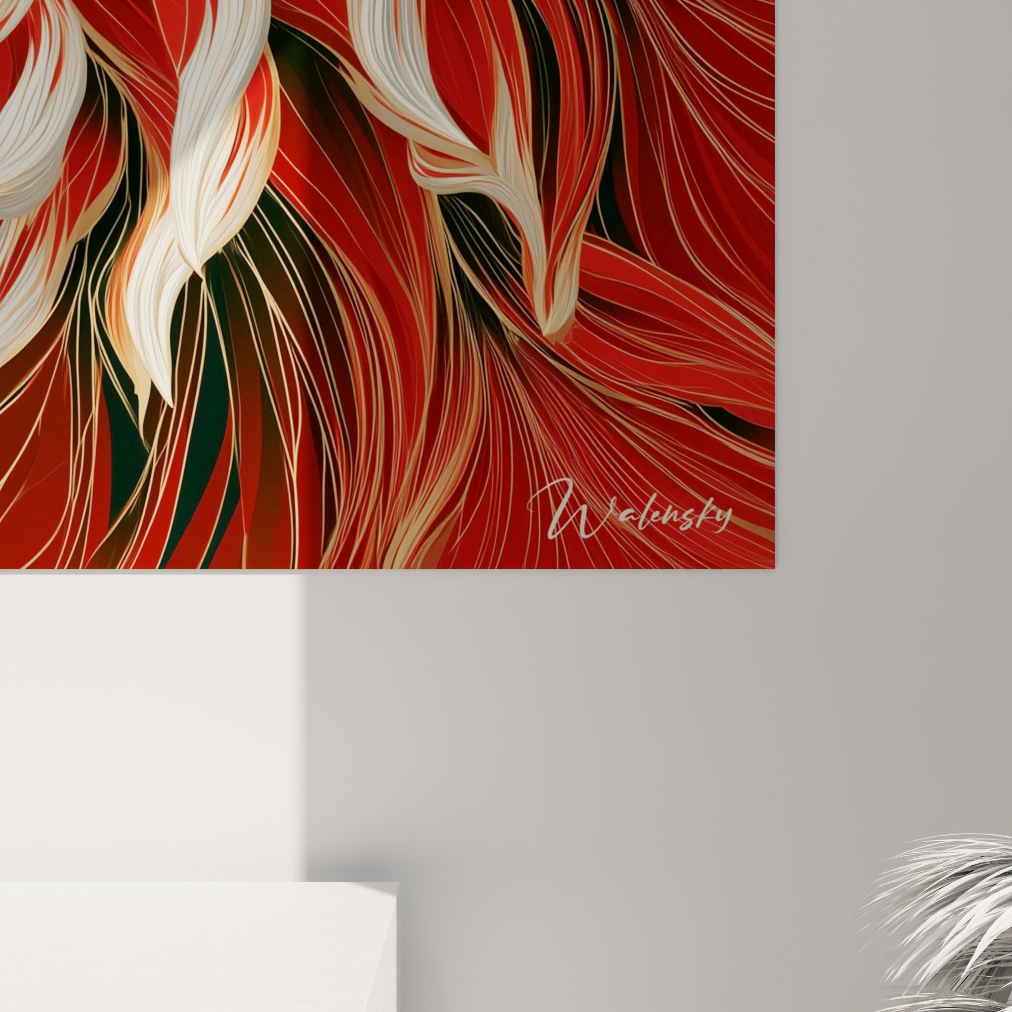Textures fines du dahlia rouge et blanc, traits nervurés et reflets dorés visibles de près sur la toile