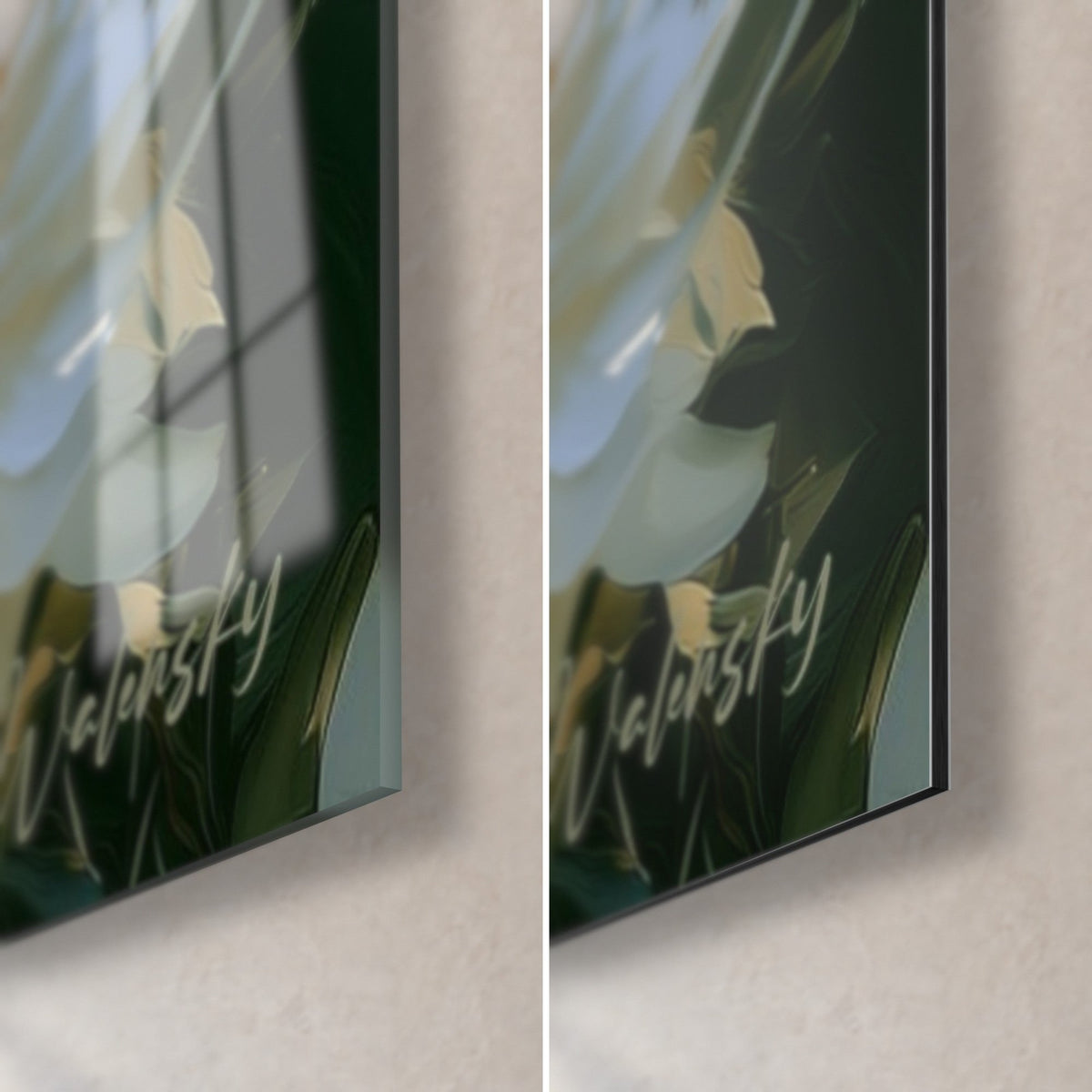 Tableau bouquet de dahlias blancs, coin bas droit : verre acrylique brillant avec reflets à gauche, Dibond noir mat à droite