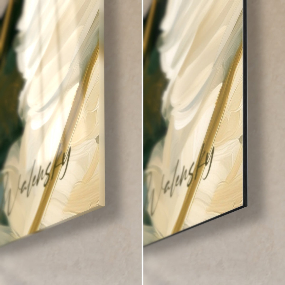 Tableau fleurs blanches aux tiges dorées, coin bas droit en verre acrylique brillant et alu Dibond noir mat, tranche de 3 mm