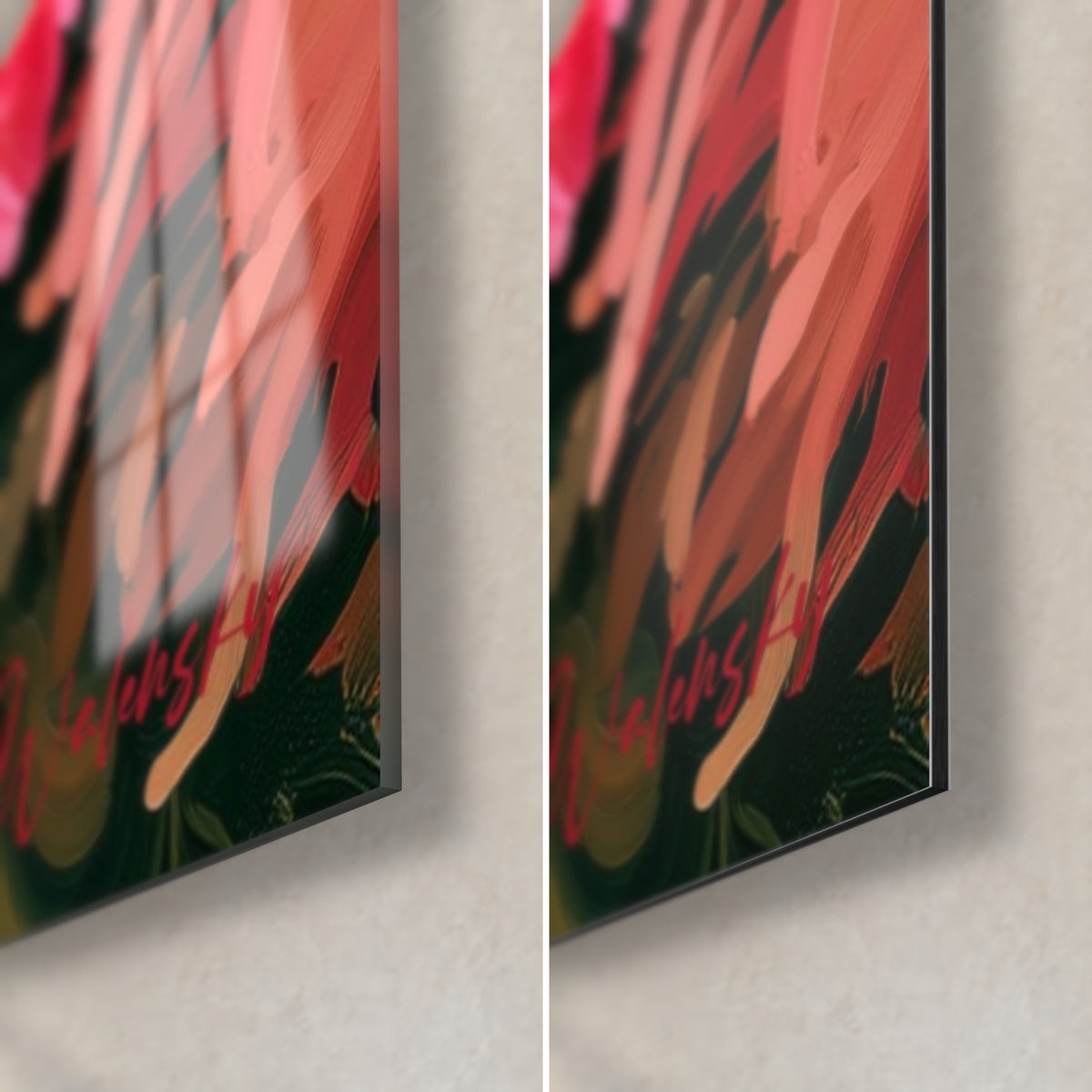 Gemälde Dahlie korallenrosa, untere rechte Ecke: glänzendes Glas mit Reflexen und mattes Dibond-Aluminium, 3 mm schwarze Kante