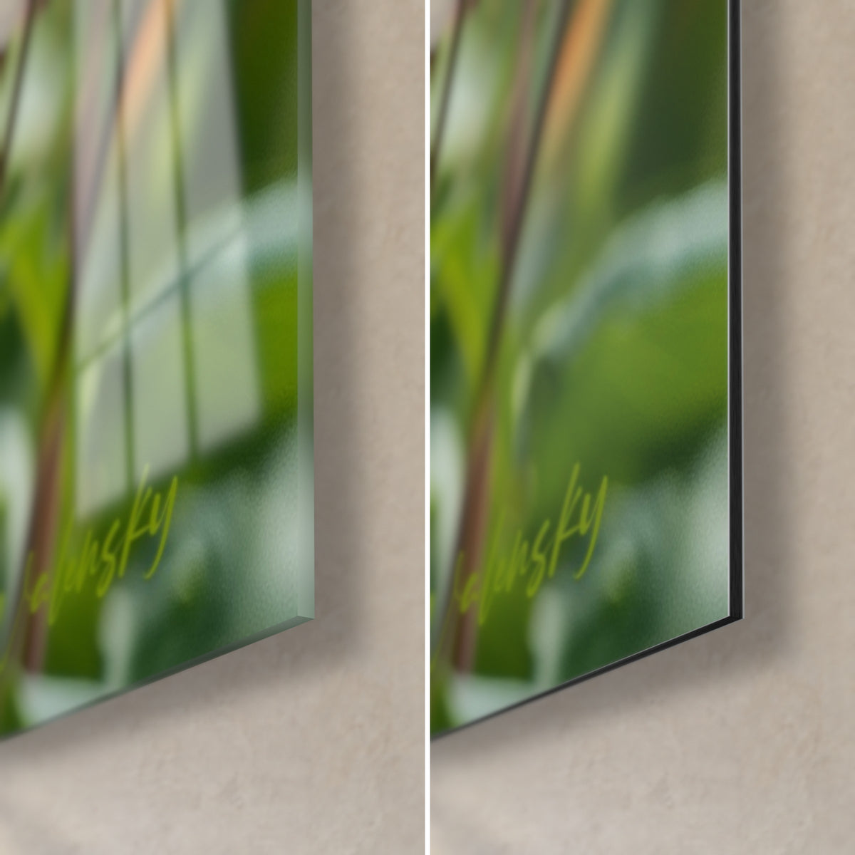 Wall art of magenta flower heads on green stems, bottom right corner: glossy acrylic glass reflecting the light, matte black Dibond, 3 mm edge