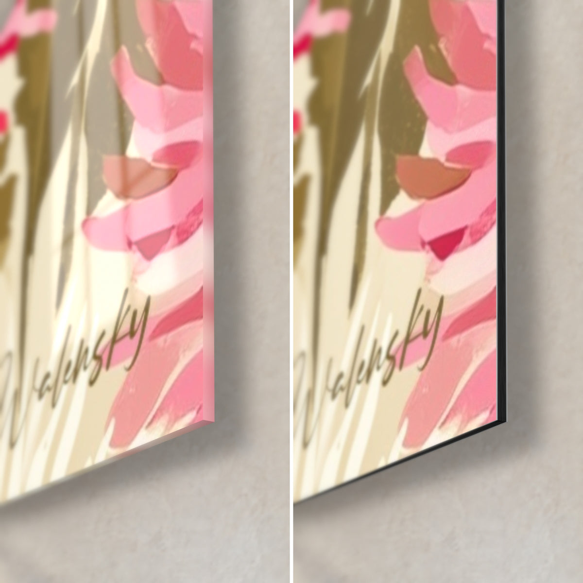 Wall art pink flowers with needle-like petals, bottom right corner: glossy glass on the left, matte black Dibond on the right, 3 mm edge