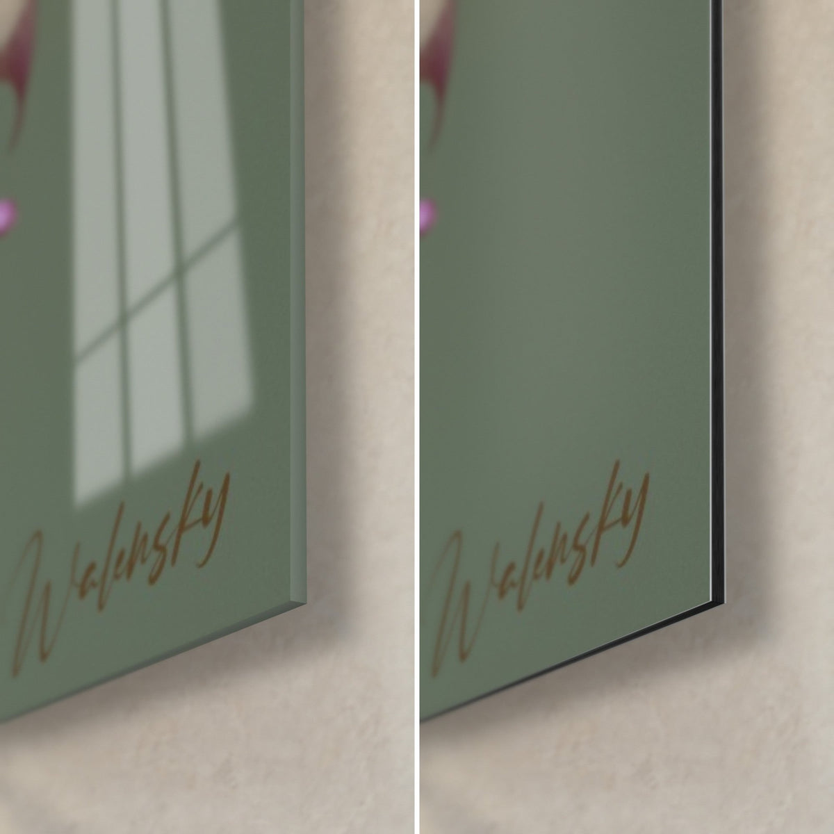 Tableau dahlia blanc et fuchsia sur fond vert sauge, coin bas droit, verre acrylique brillant et Dibond noir mat de 3 mm
