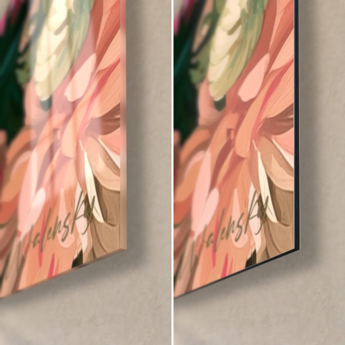 Tableau grandes fleurs corail et crème, coin bas droit en verre acrylique brillant et alu Dibond mat, tranche de 3 mm