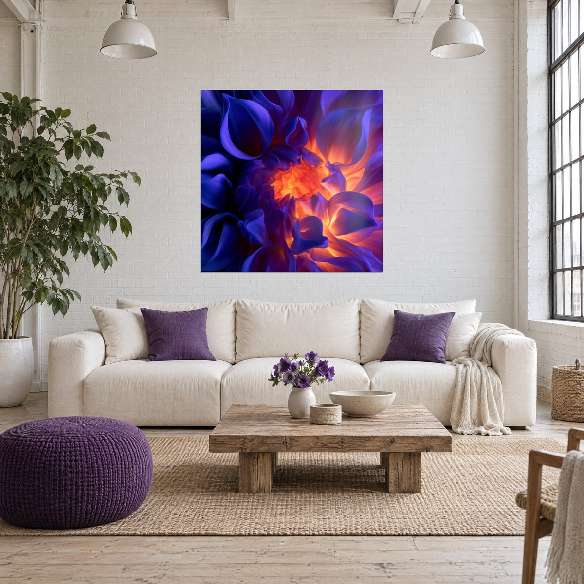 Tableau fleur de dahlia aux pétales indigo autour d'un cœur orange en feu, au-dessus d'un canapé dans un salon lumineux