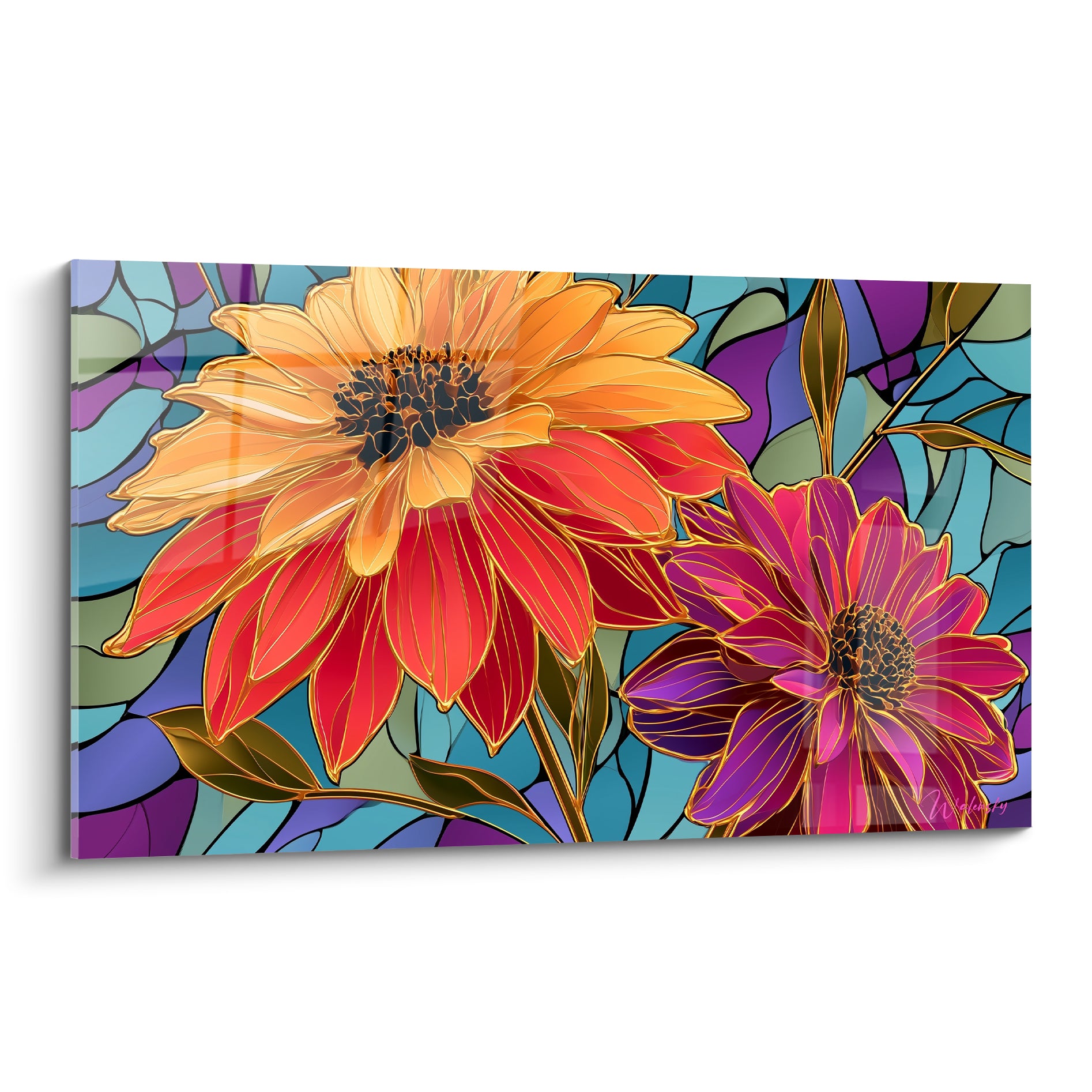 Dahlia orangé et magenta traité en vitrail, fond bleu-violet aux lignes dorées géométriques