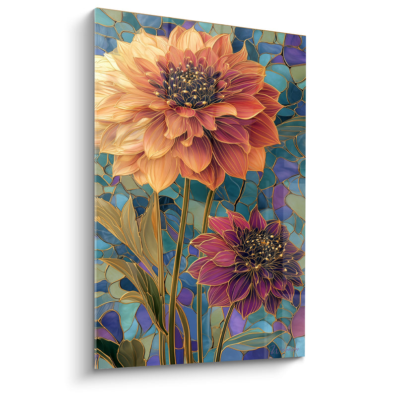Tableau Dahlias orangés vitrail bleu turquoise - Éclat de verrière - Edition Dahlia