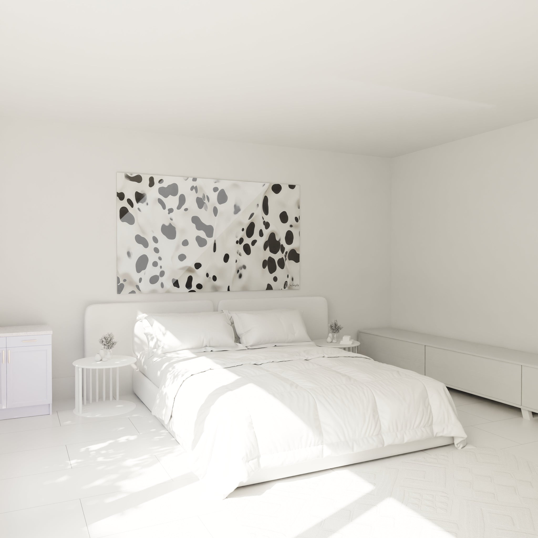 Tableau tacheté noir et blanc de Walensky accroché au-dessus d'un lit moderne dans une chambre lumineuse