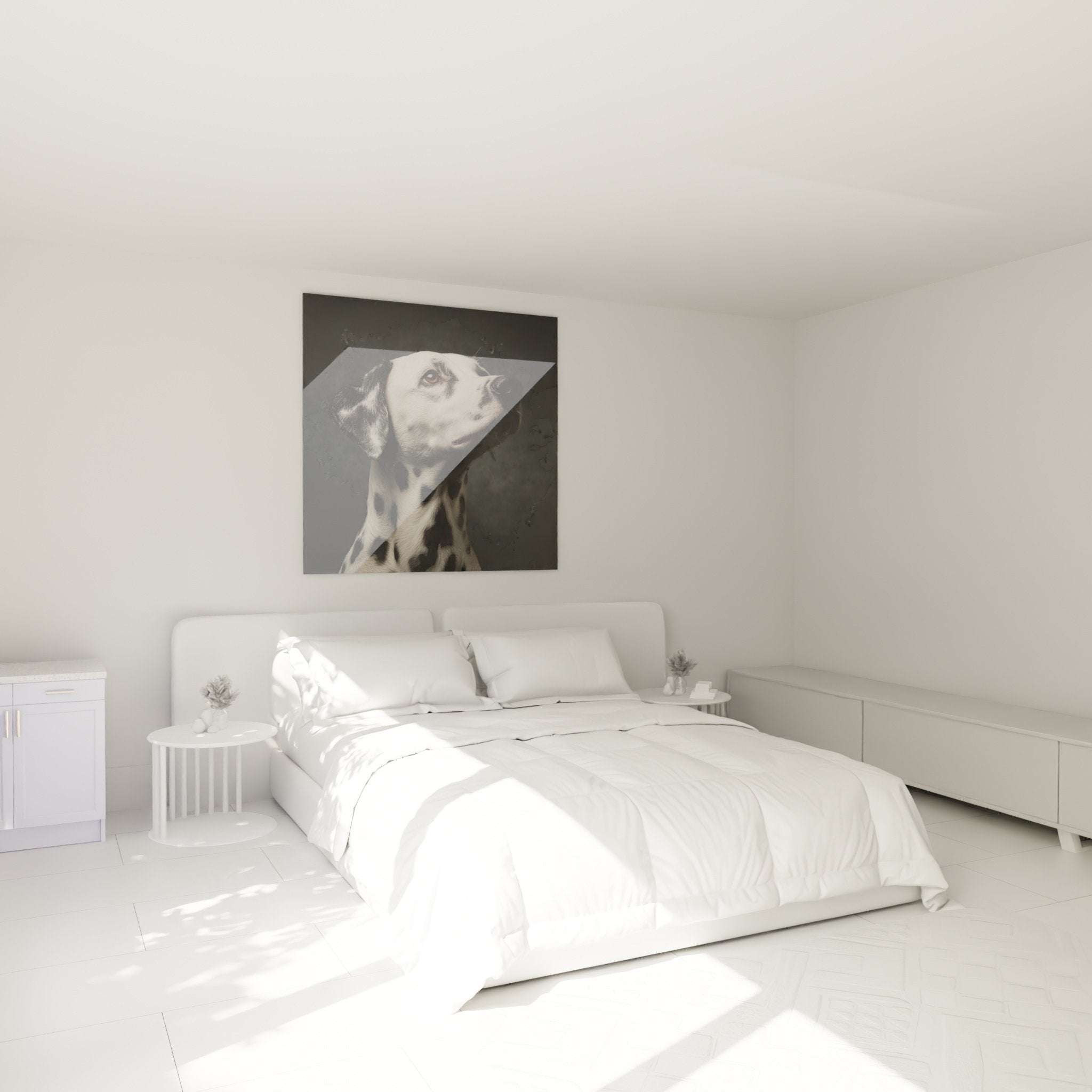Tableau dalmatien contemplatif decore chambre moderne murs blancs ambiance sereine