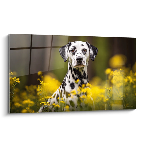 Portrait de Dalmatien assis dans un champ de fleurs jaunes avec regard doux et expressif, style photographique artistique