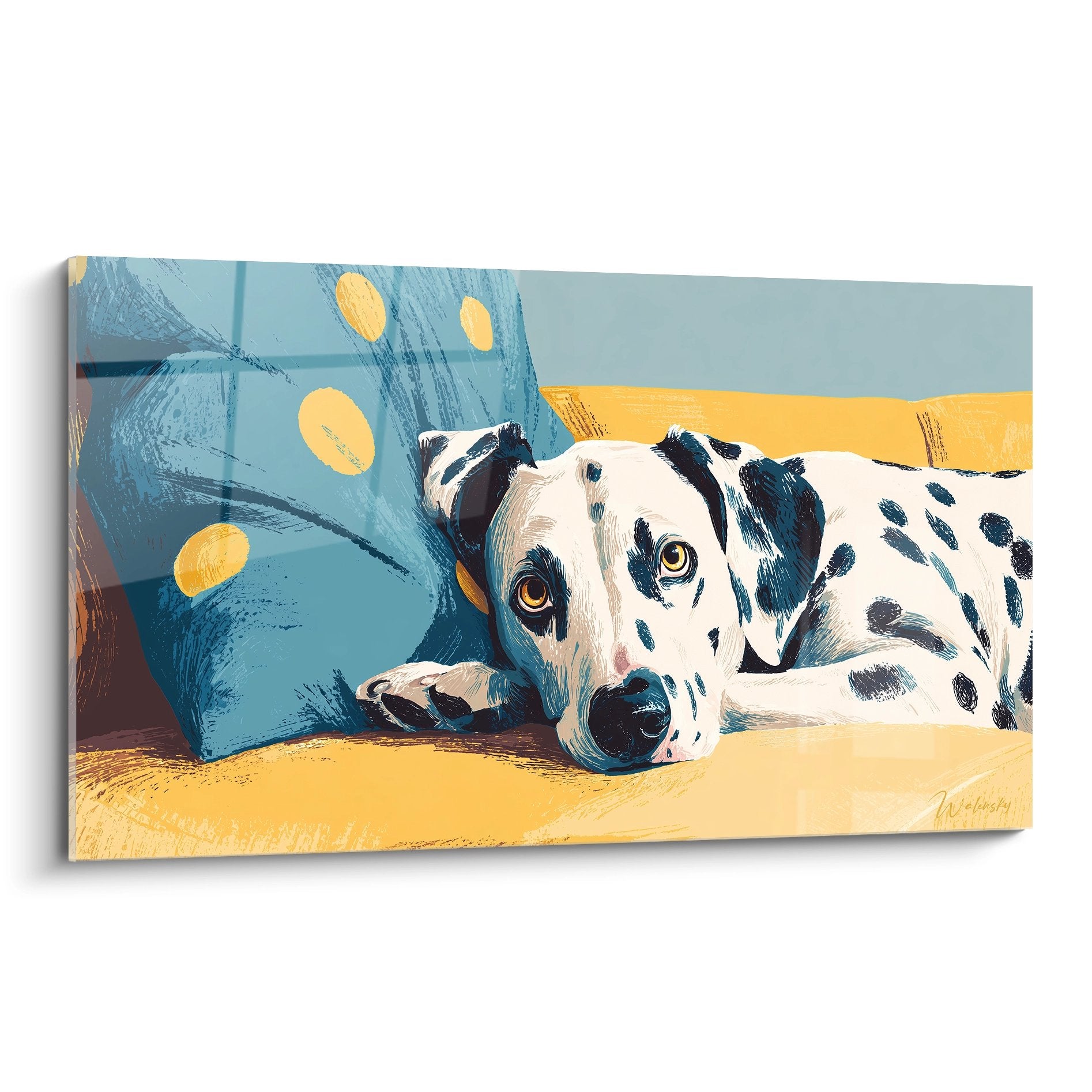 Dalmatiner-Gemälde schlafend in Türkis- und Goldtönen, getupfter Hund in Ruhe, beruhigendes Tierkunstwerk