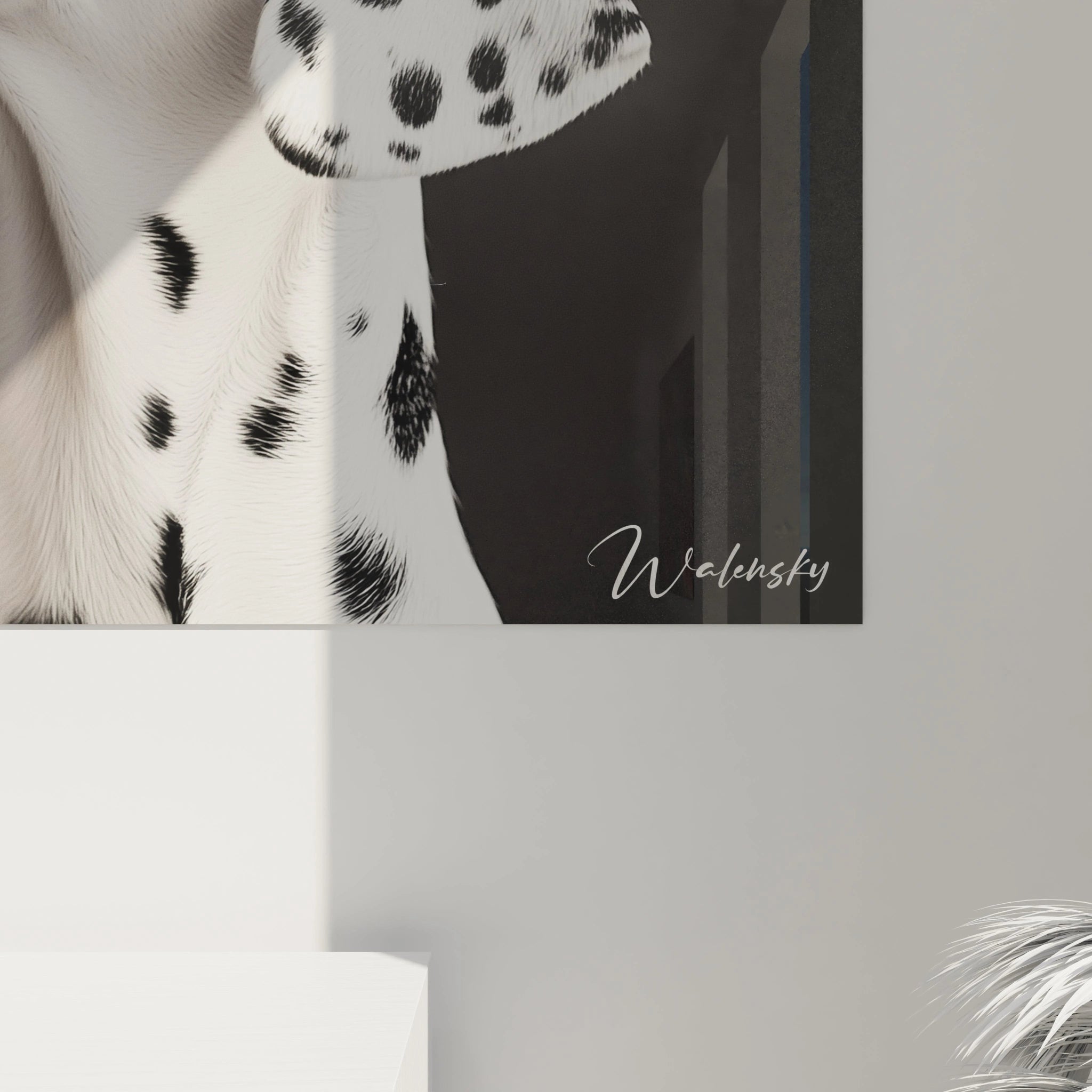 Un tableau dalmatien au style photographique présentant deux têtes de chiens blancs tachetés en profil. Détails réalistes des yeux brillants, du pelage soyeux et des oreilles tachetées, composition équilibrée sur fond noir mat.
