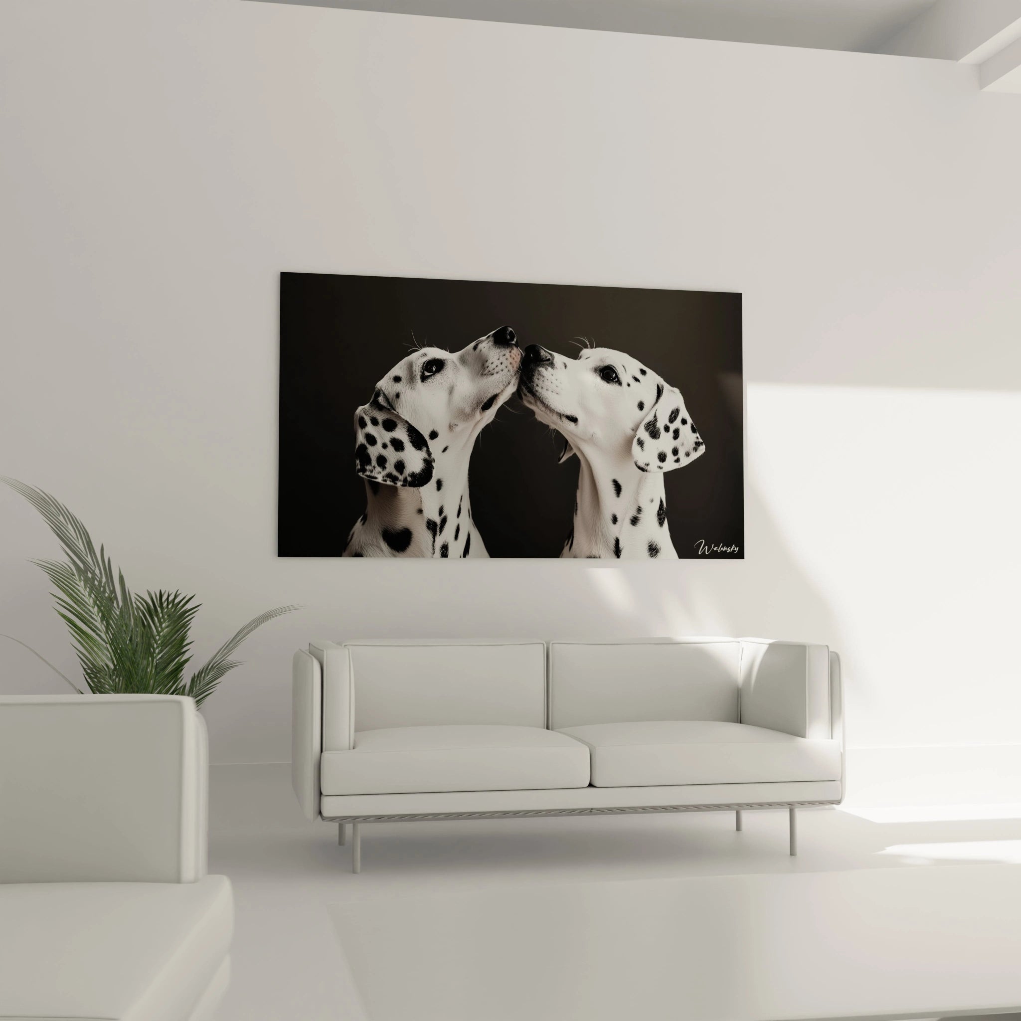 Un tableau dalmatien en noir et blanc capturant l'intimité entre deux chiens de cette race. Pelage blanc lumineux avec motifs de taches uniques, museaux rapprochés et regard intense, sur un fond noir créant une ambiance élégante.
