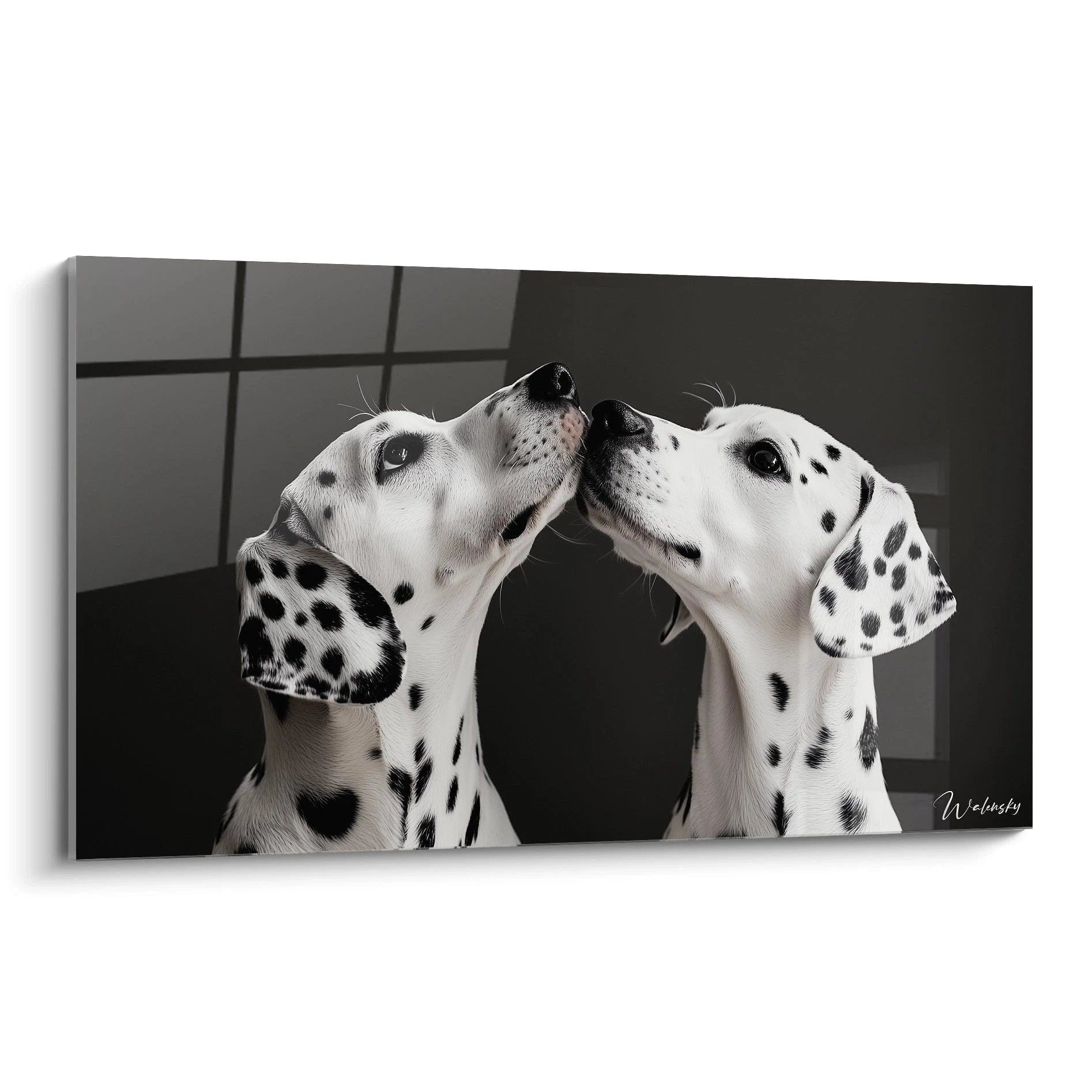 Un tableau dalmatien représentant deux chiens à pelage blanc tacheté de noir se faisant face sur fond sombre. Détails précis des museaux, des yeux expressifs et du pelage texturé créant un fort contraste noir et blanc.
