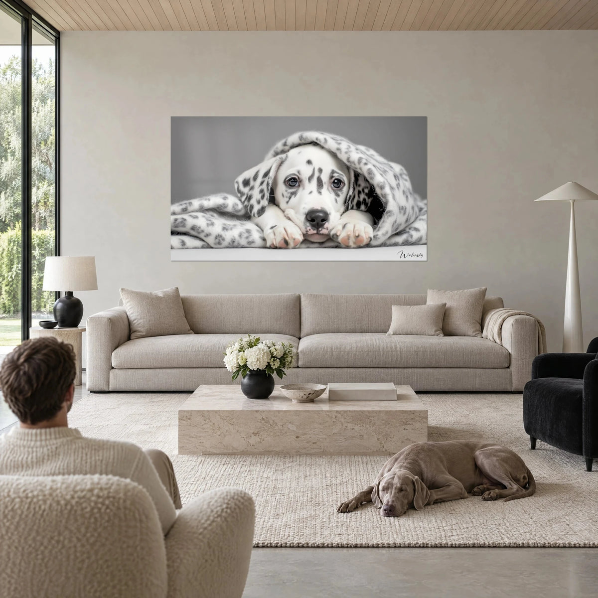 Tableau chiot dalmatien blotti sous un plaid moucheté noir et blanc, fond gris perle, au-dessus d'un canapé dans un salon lumineux
