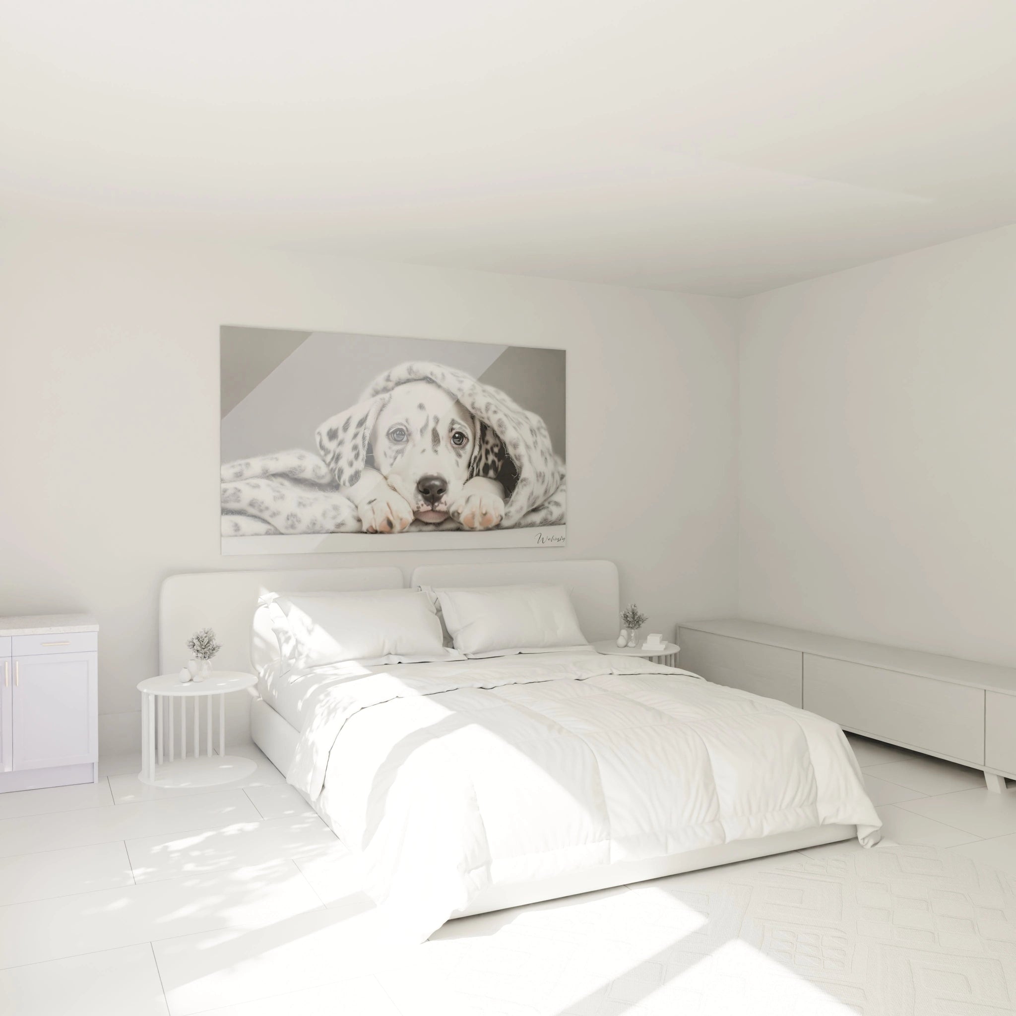 Un tableau dalmatien montrant un chiot au pelage blanc parsemé de taches noires distinctives, enveloppé dans une couverture à motifs similaires, avec des yeux bleu-gris captivants et une expression douce sur fond minimaliste.
