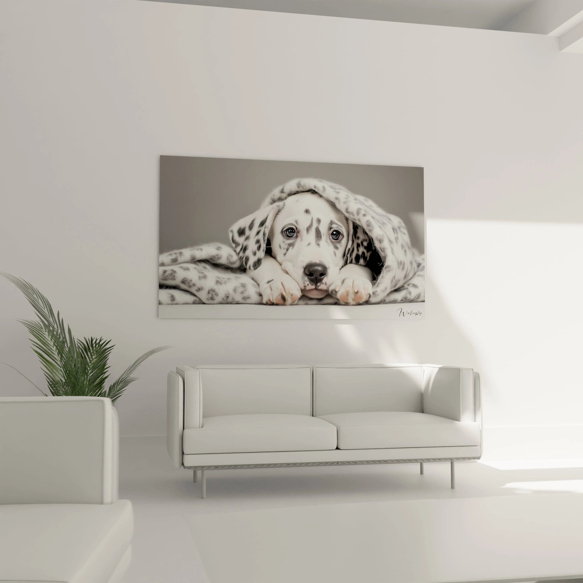 Un tableau dalmatien présentant un jeune chien blanc tacheté de noir en position de repos, partiellement couvert d'un tissu assorti à son pelage, avec des détails réalistes au niveau des yeux, du museau et des pattes.
