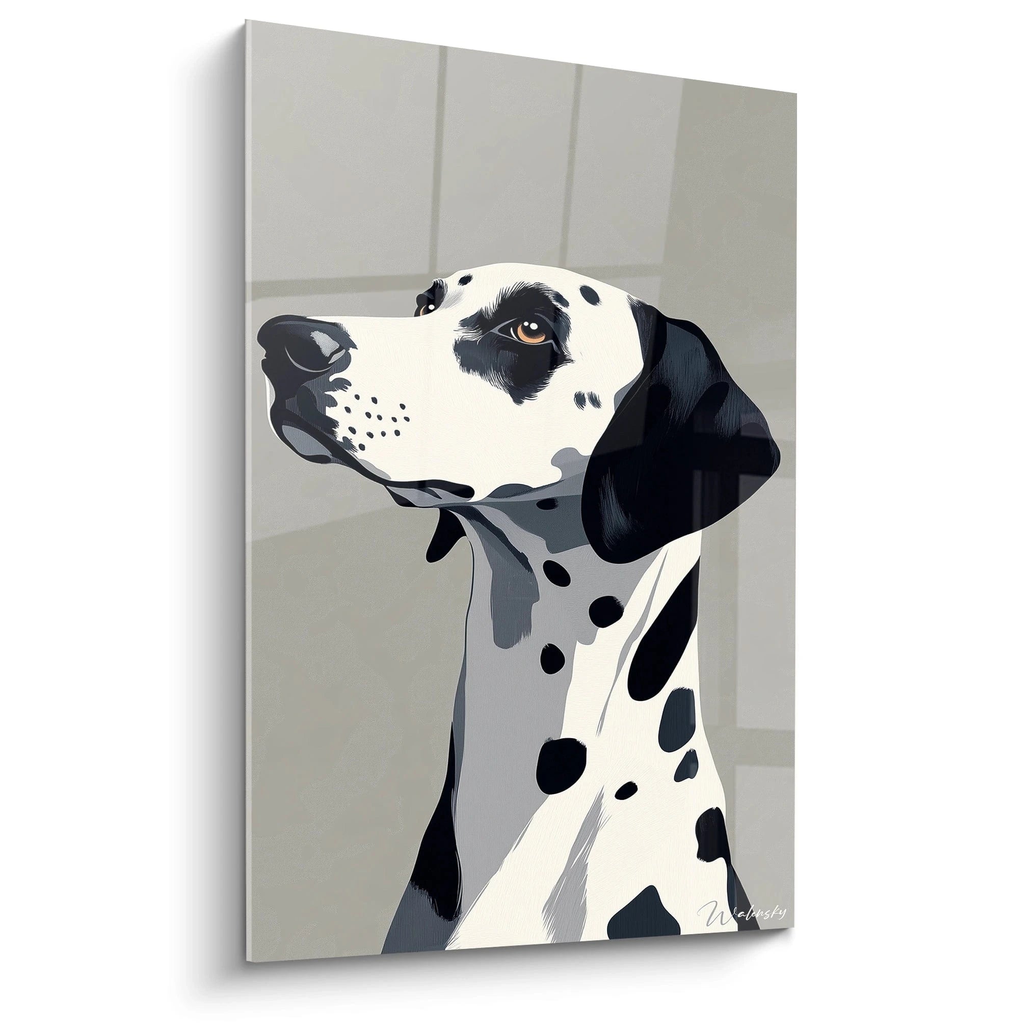 Un tableau dalmatien représentant le profil élégant d'un chien à la robe blanche tachetée de noir, sur fond gris neutre. Rendu graphique épuré avec un contraste saisissant entre les teintes et une attention particulière aux détails du museau et de l'œil ambré.
