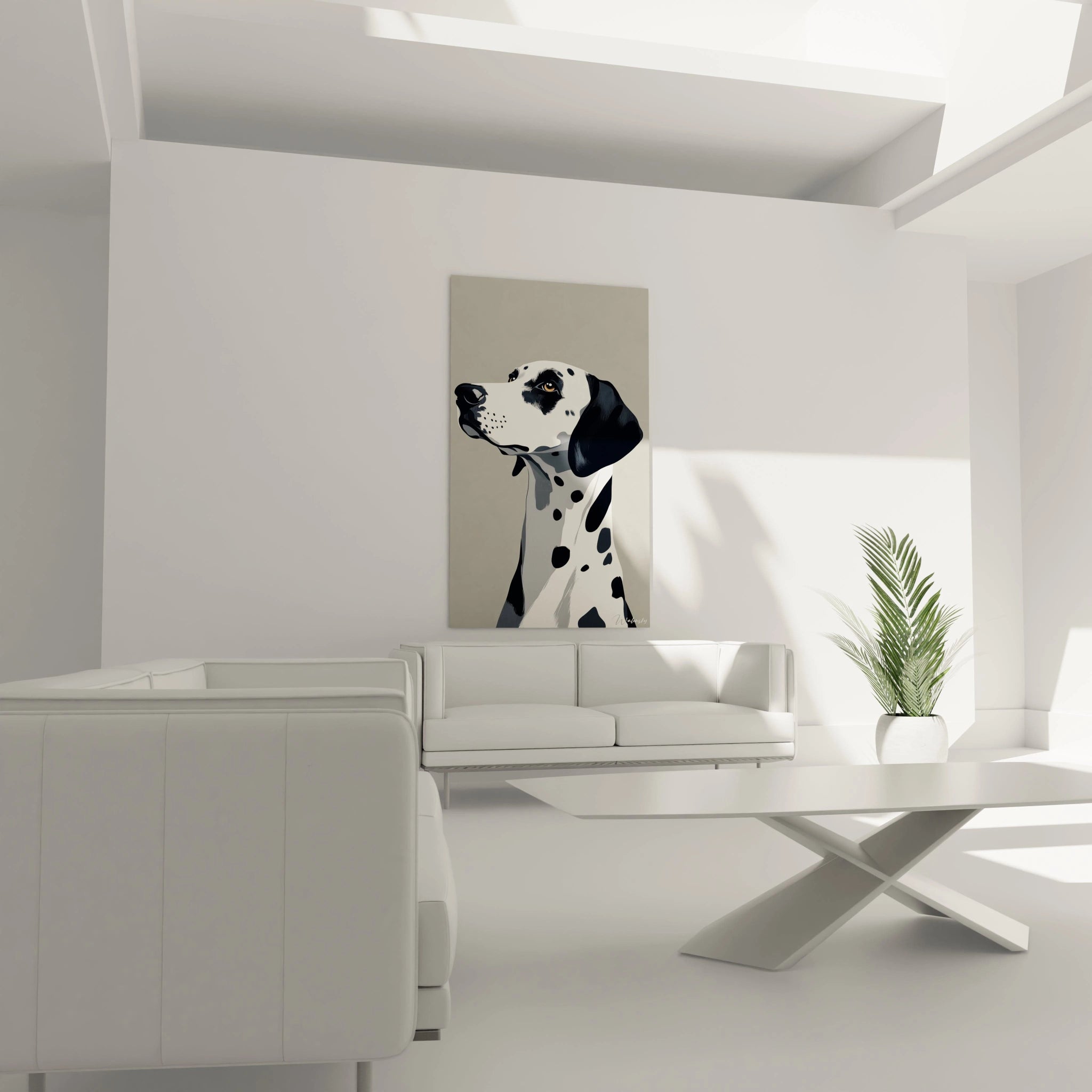 Un tableau dalmatien stylisé capturant le port de tête noble d'un chien blanc à taches noires. Œuvre graphique aux contours précis sur fond gris, présentant un jeu subtil d'ombres et de textures qui donnent vie au portrait canin.
