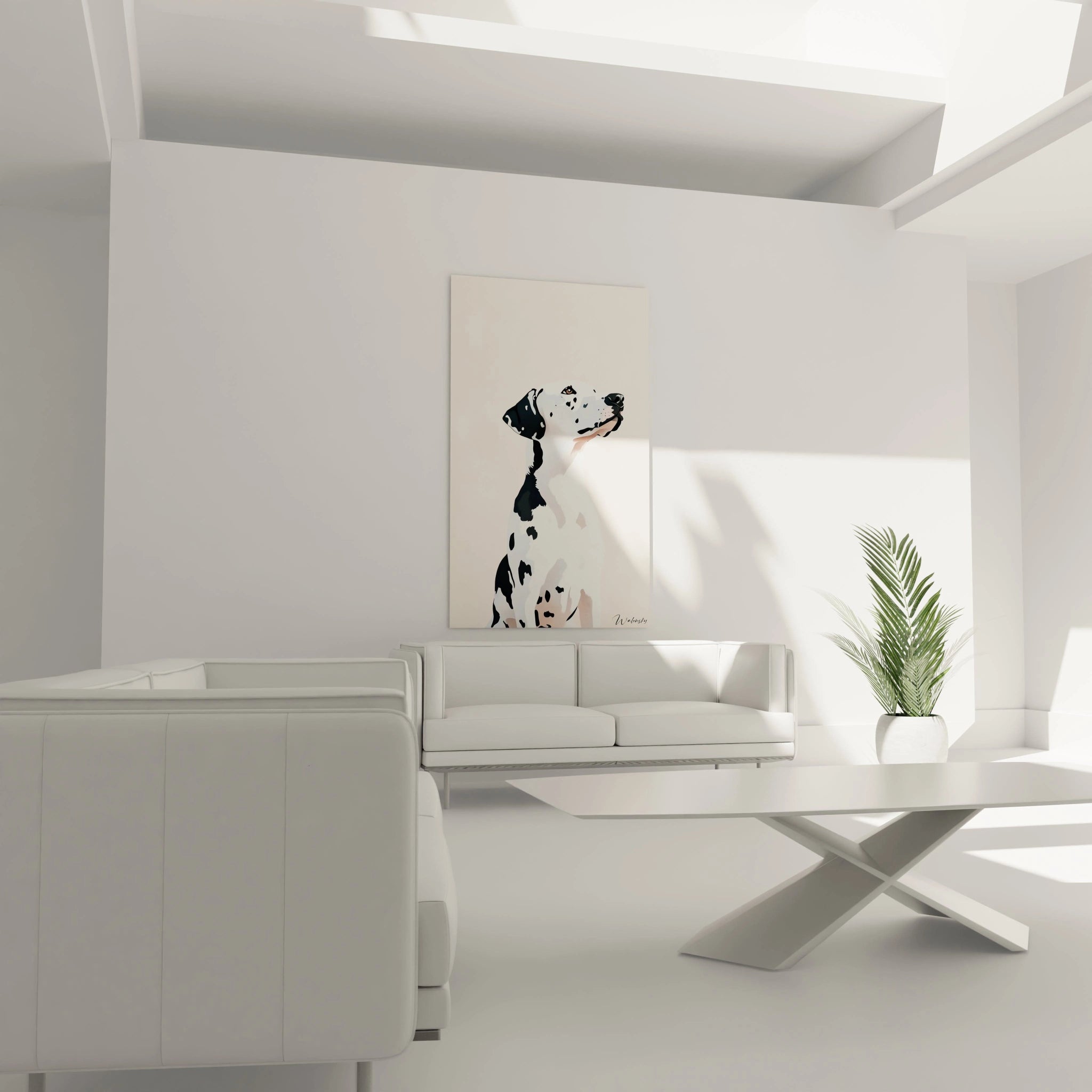 Un tableau dalmatien au style contemporain représentant le profil noble d'un chien. L'œuvre joue sur les textures concentriques pour suggérer le pelage, avec un traitement délicat des transitions entre blanc, noir et nuances beiges sur fond neutre.

