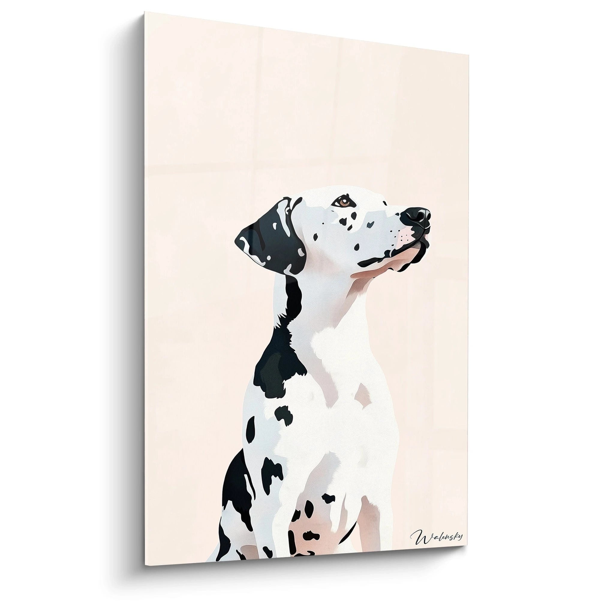 Un tableau dalmatien présentant un chien au profil élégant sur fond beige clair. Le pelage blanc parsemé de taches noires distinctives est rendu avec des lignes concentriques subtiles créant une texture douce et un effet graphique contemporain.
