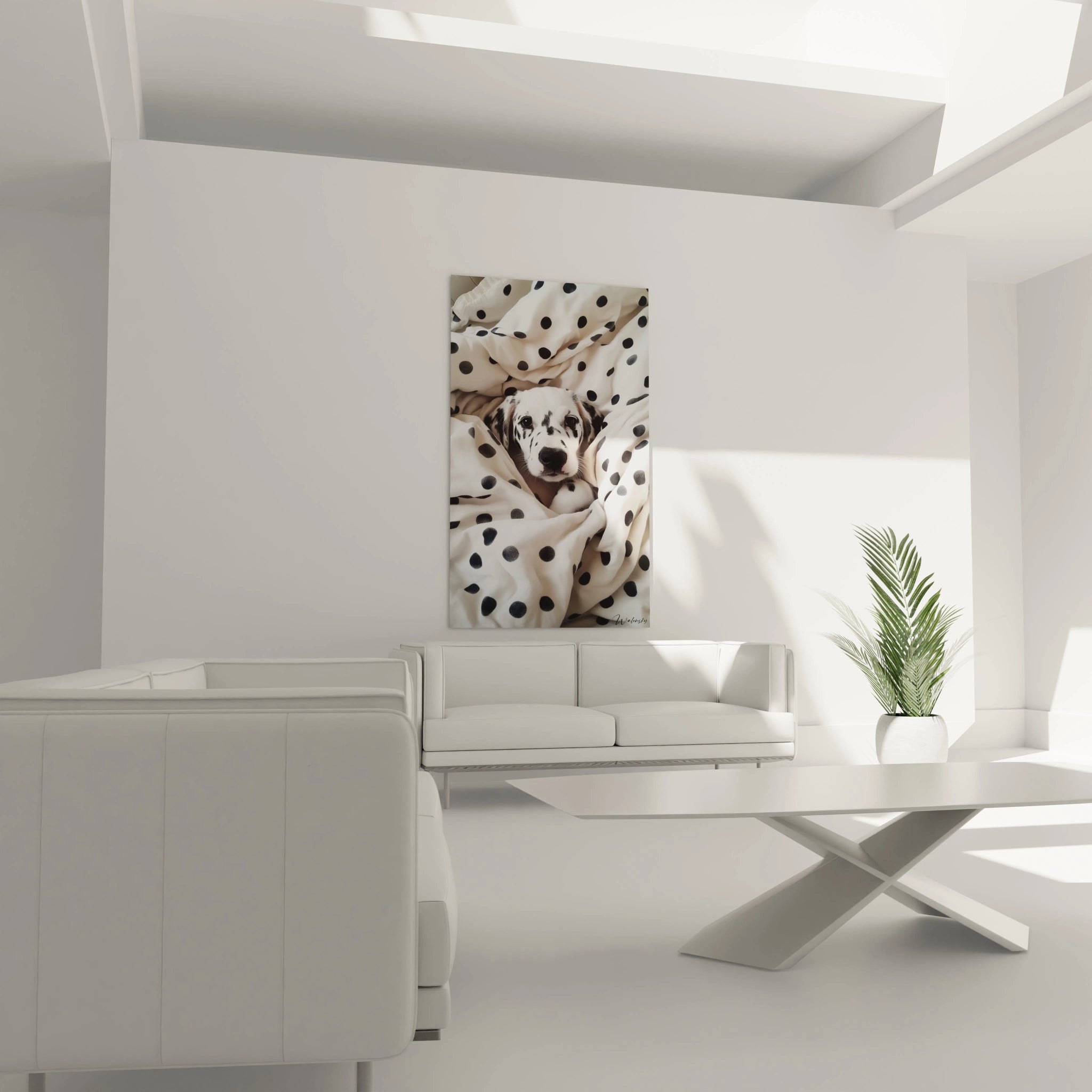 Un tableau dalmatien capturant un chiot au regard expressif, enveloppé dans une étoffe blanche à pois noirs qui fait écho à son pelage caractéristique. Les textures douces et les contrastes nets créent une composition harmonieuse.
