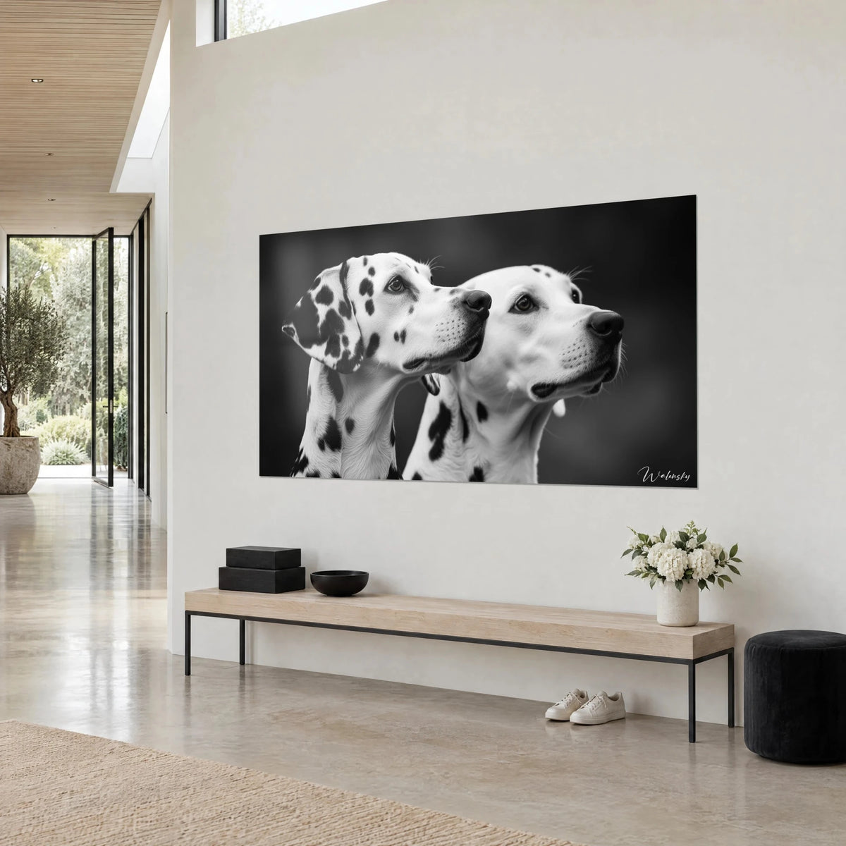 Cuadro de perros moteados con la mirada hacia la derecha, fondo gris antracita, manchas negras sobre pelaje blanco, pared crema en tres cuartos