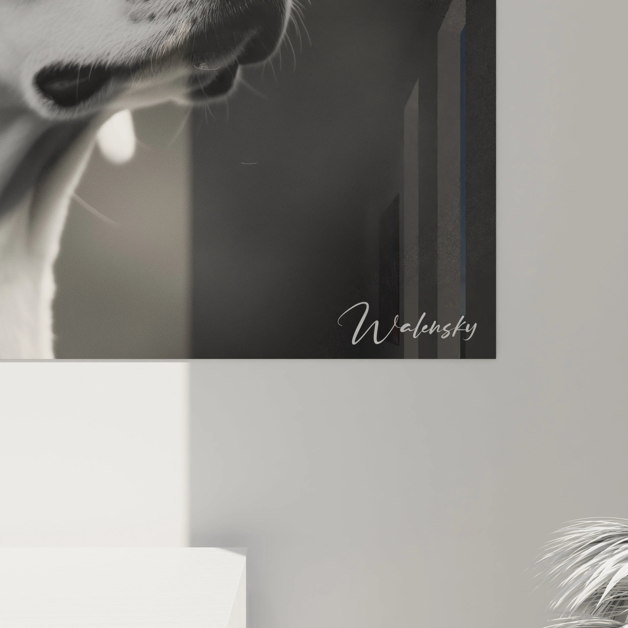 Tableau dalmatien portrait présentant deux chiens à la posture noble en noir et blanc. Le traitement photo-réaliste révèle la texture soyeuse du pelage, les taches caractéristiques et les expressions attentives sur un arrière-plan sombre estompé.

