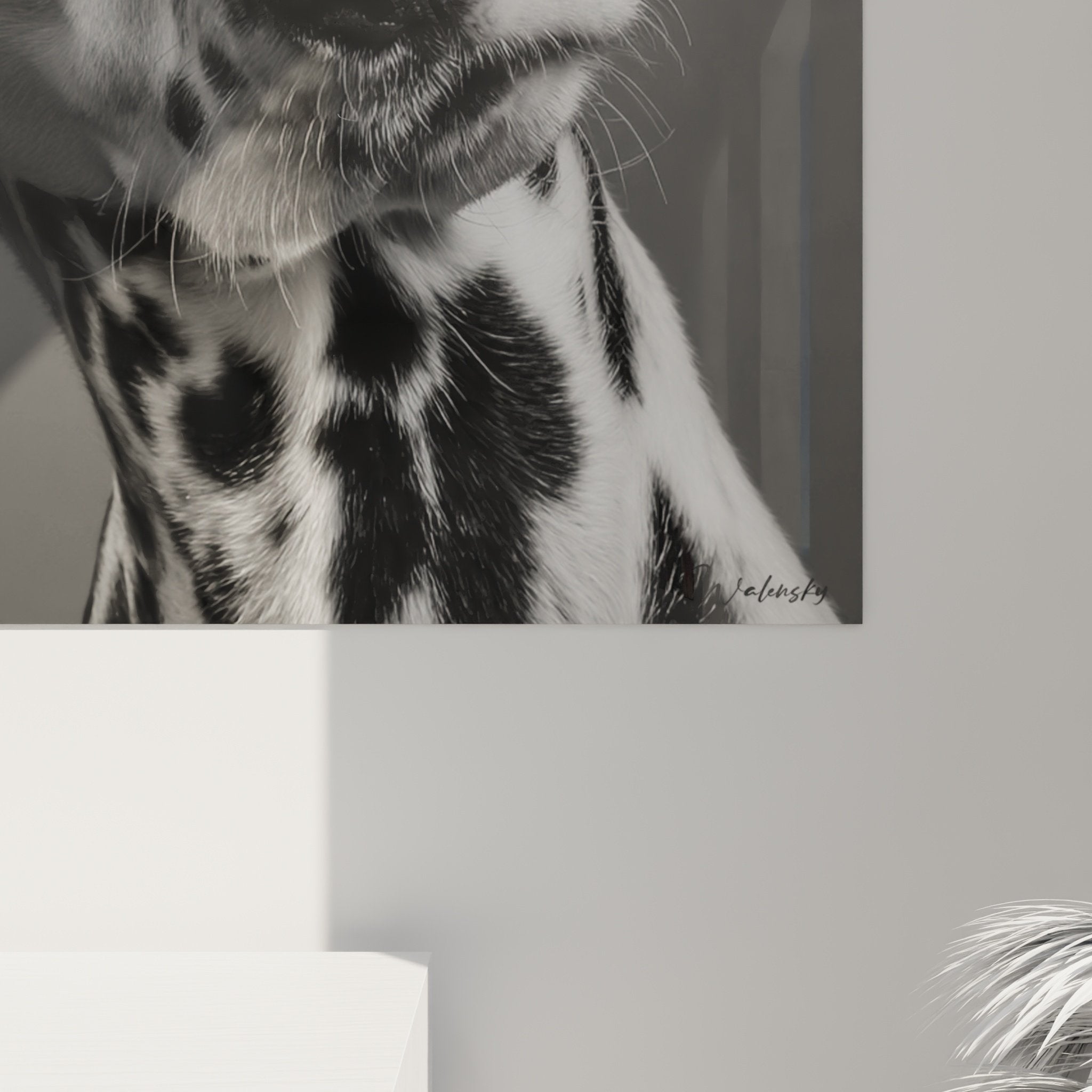 Mise en situation tableau Dalmatien noir blanc - Art mural portrait chien dans intérieur contemporain épuré