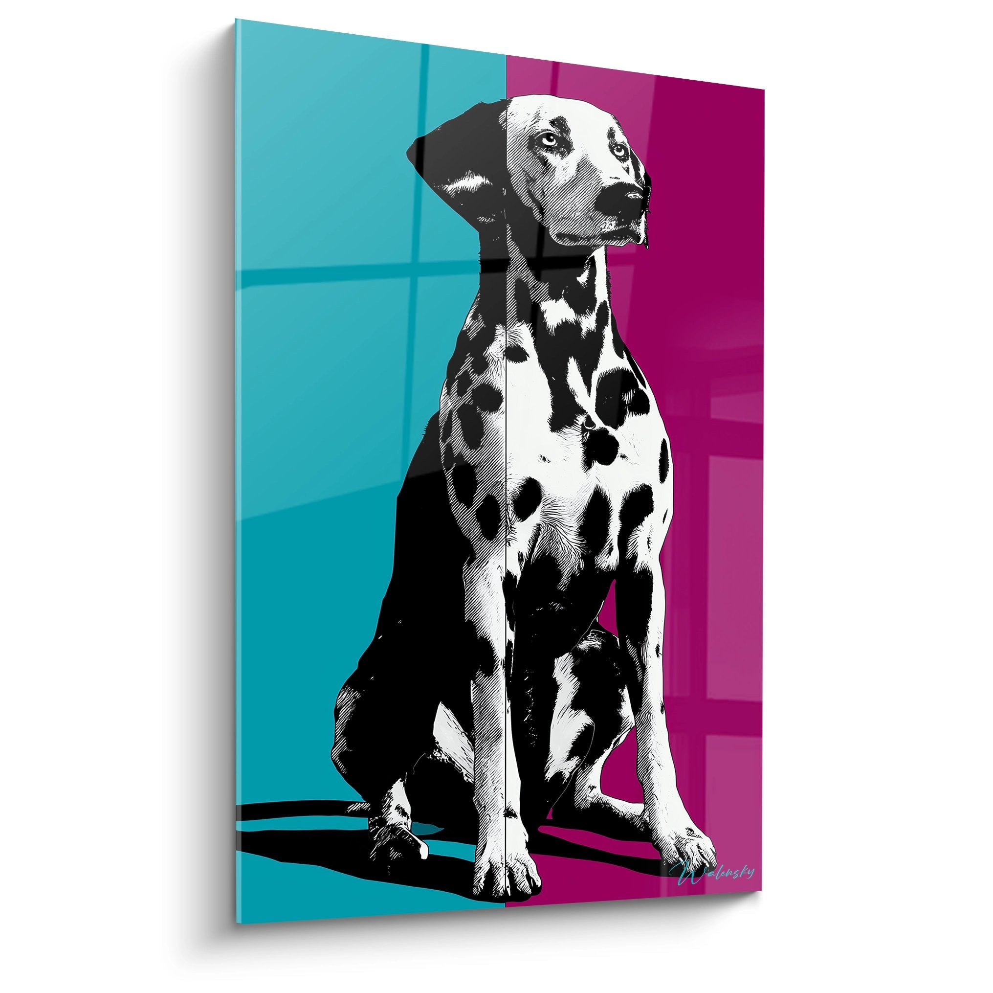 Dalmatiner Pop-Art Bild zweifarbig Türkis Violett Hundeporträt modernes Grafikdesign schwarze Flecken