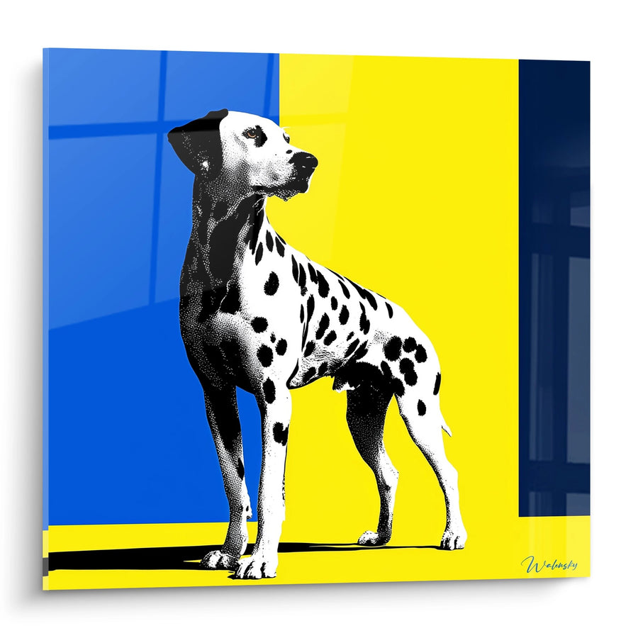 Tableau Dalmatien Noir et Blanc sur Fond Jaune et Bleu - Portrait Canin Pop - Edition Dalmatien