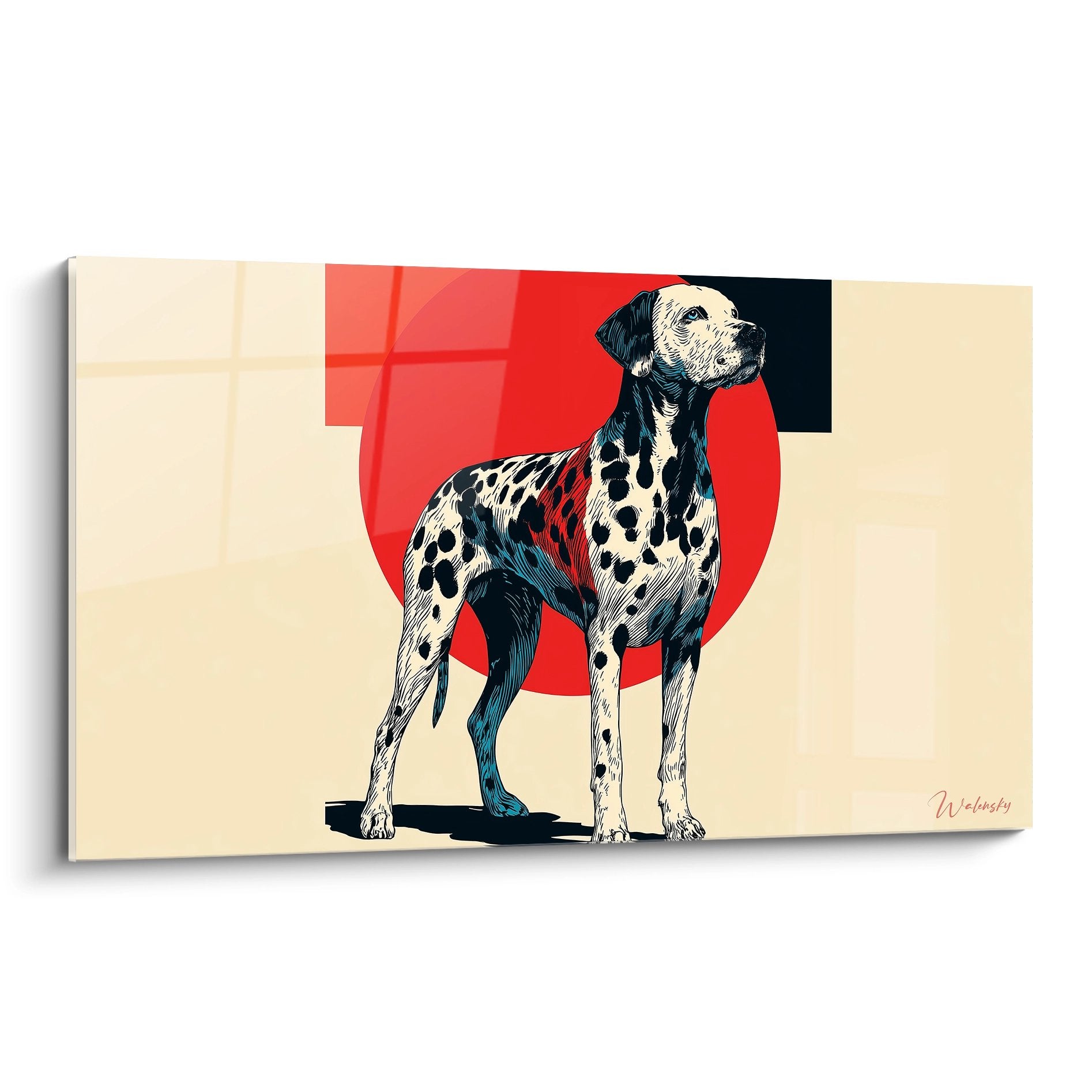 Modernes Dalmatiner-Gemälde mit schwarzweißen Flecken, geometrischem rotem Hintergrund, Kreis, Kreuz, beige Porträt edler Hund