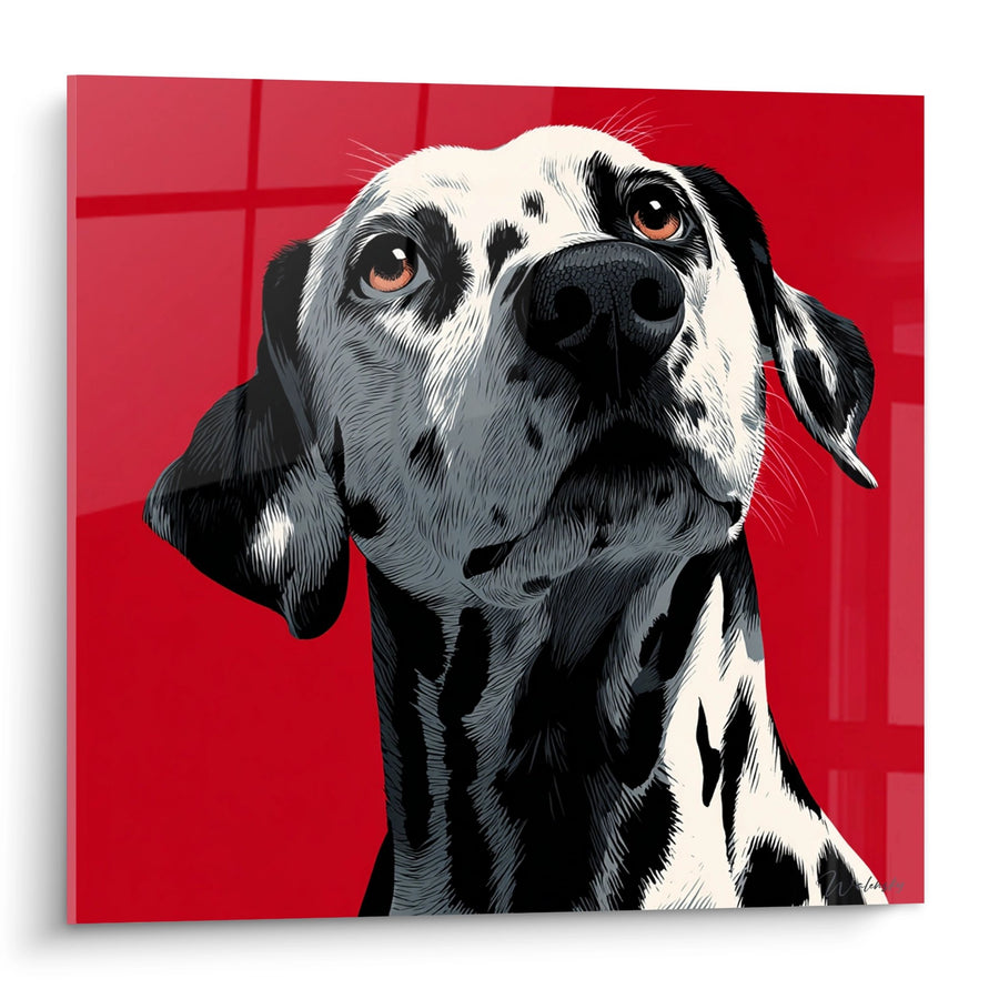 Tableau Chien Noir et Blanc aux Yeux Ambrés sur Fond Rouge - Portrait Tendre - Edition Dalmatien