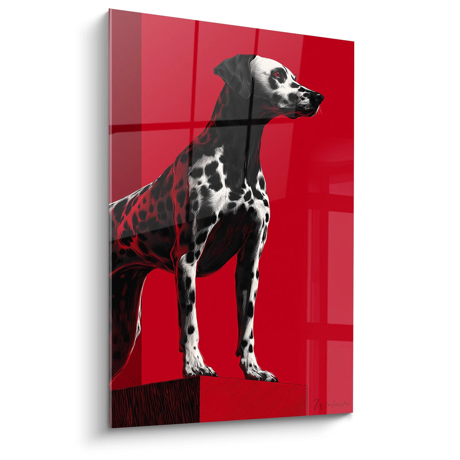 Tableau Dalmatien Noir et Blanc sur Fond Rouge Géométrique - Portrait Canin Contemporain - Edition Dalmatien