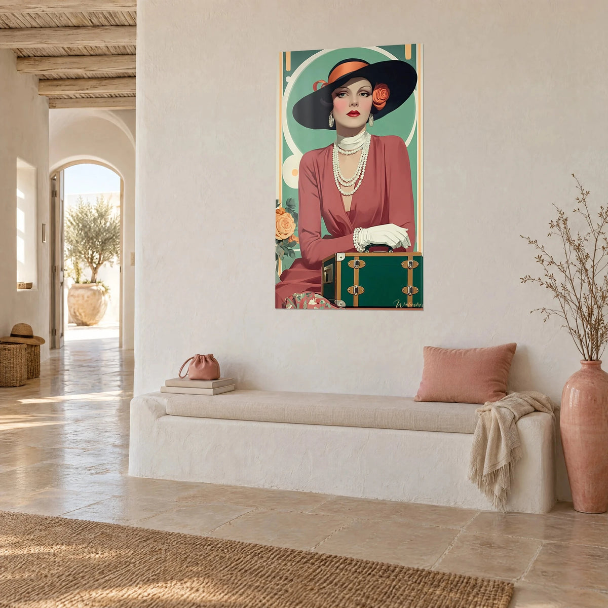 Vintage-Porträtgemälde einer behandschuhten Dame in Weiß, rosa Kleid und grünem Koffer, aquamarinfarbener Hintergrund, weiße Wand eines mediterranen Hauses