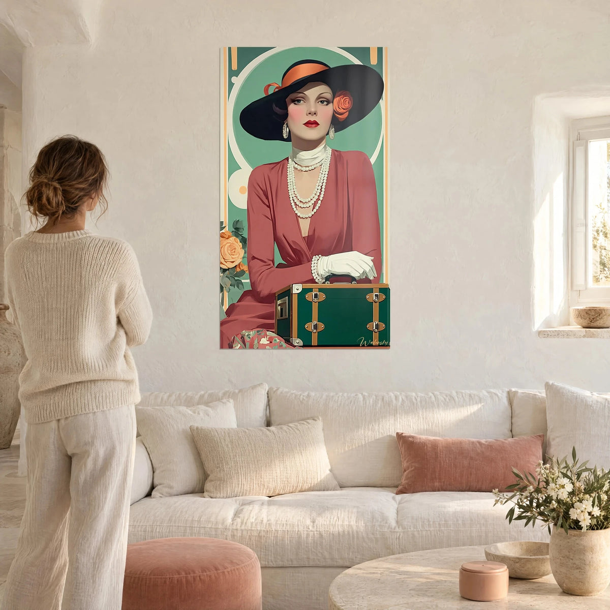 Gemälde einer eleganten Dame mit schwarzem Hut und orangefarbenem Band, puderrosa Kleid, Perlenkette, über einem Sofa in einem hellen Wohnzimmer