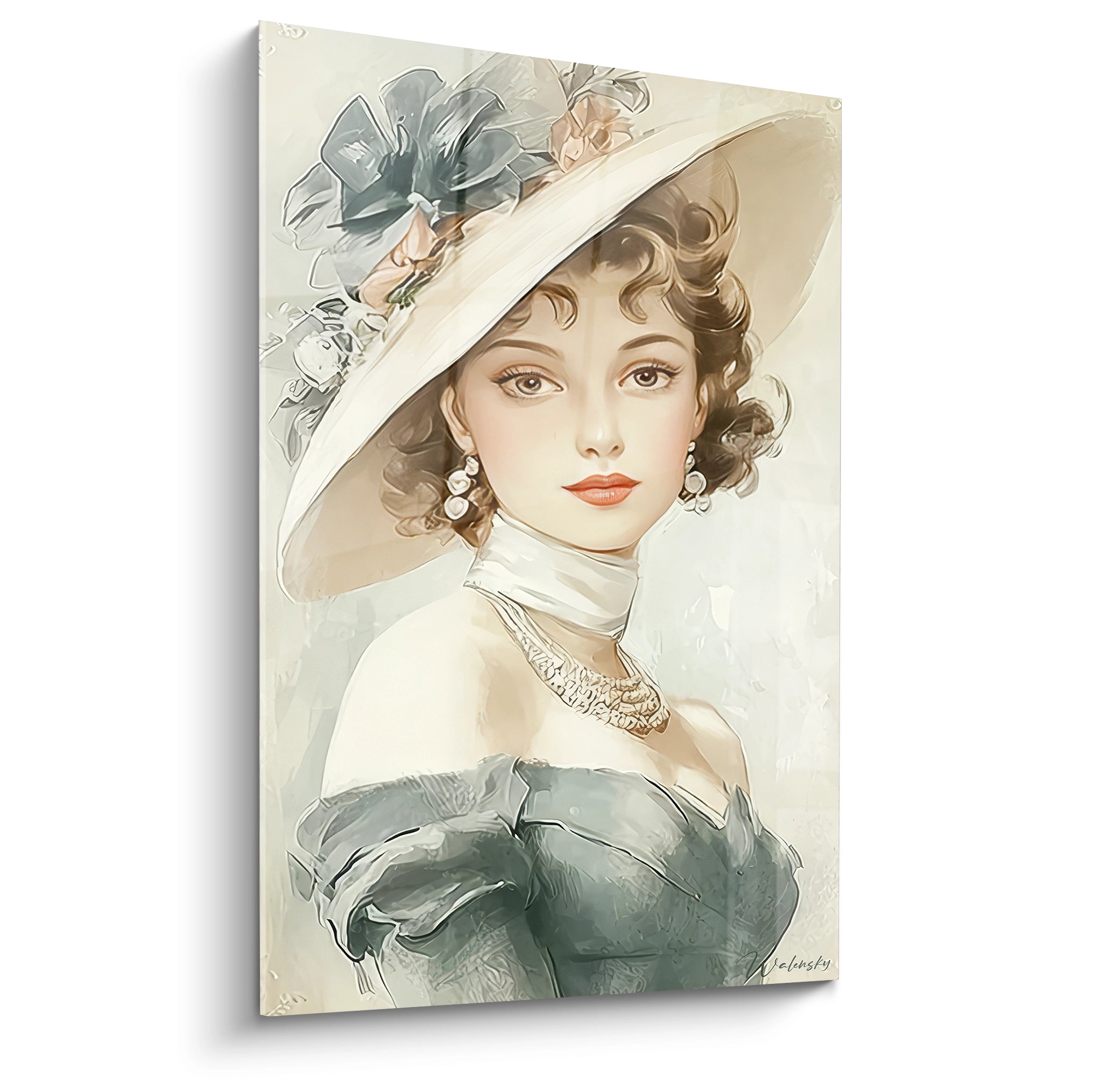 Tableau dame art déco représentant une femme élégante avec un chapeau large et des bijoux raffinés
