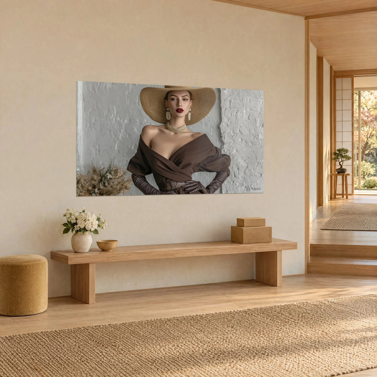 Quadro di un ritratto retrò di una donna con spalle nude, guanti di pelle marrone e collane di perle, parete grigia intonacata, panca in legno chiaro